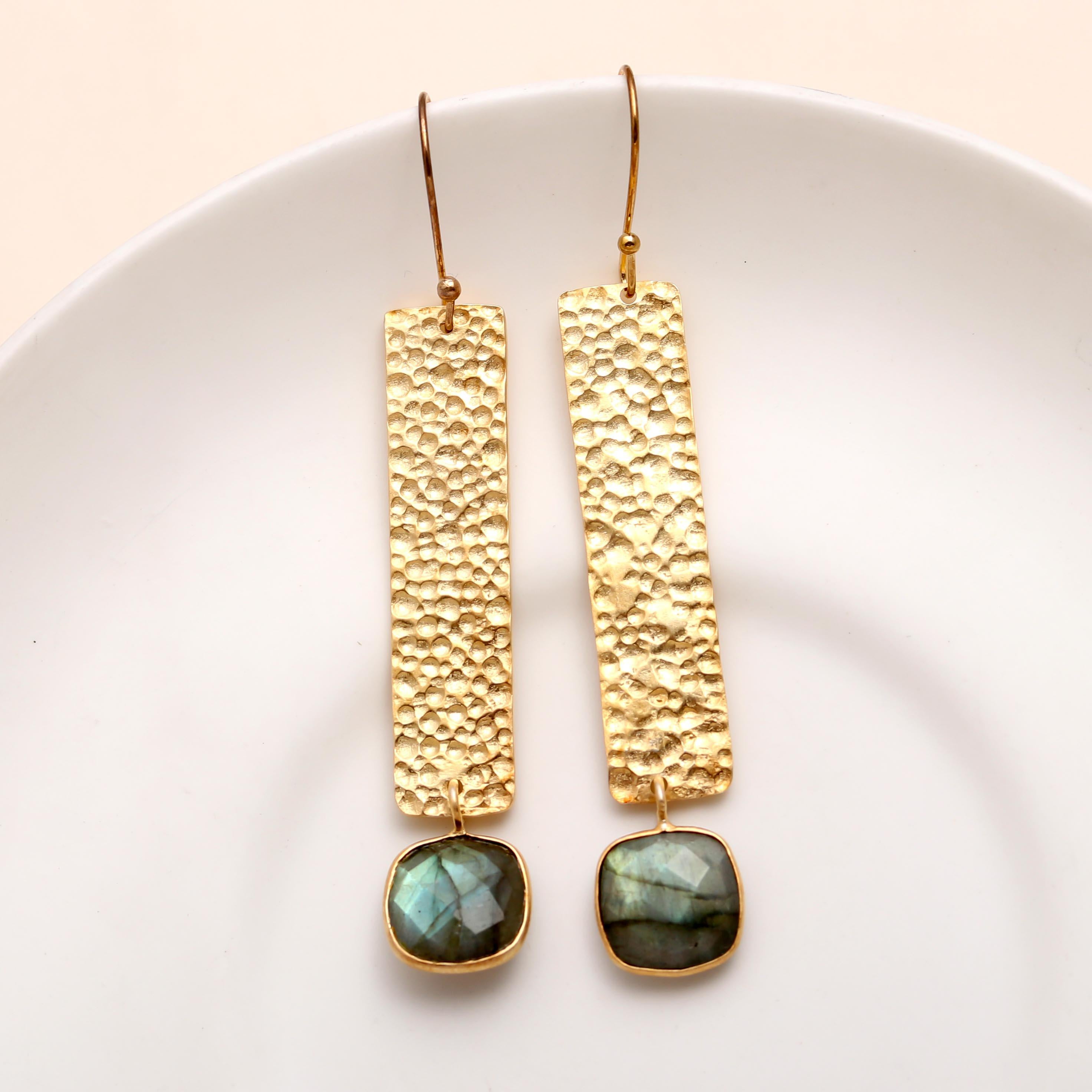 Brass Labradorite Dangle Earrings with Diamond Hammered Texture