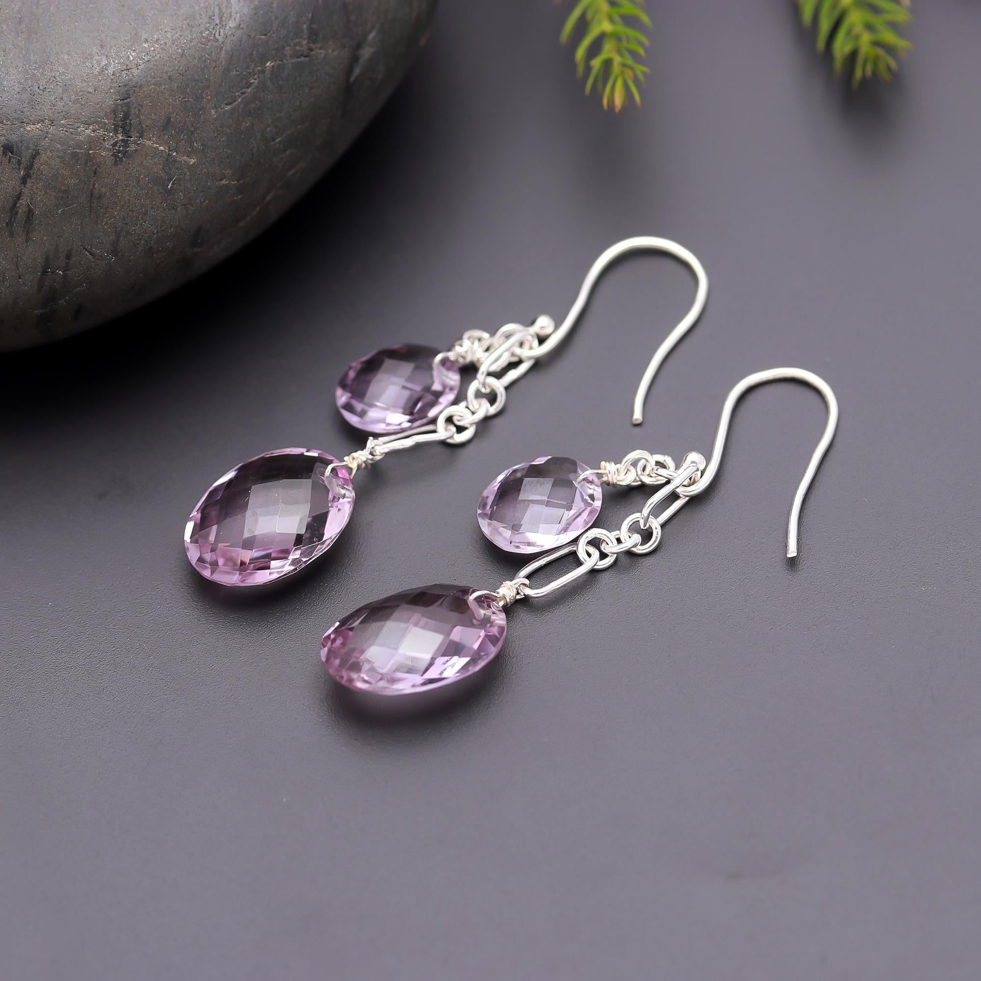 925 Silver Faceted Amethyst Dangle Earrings