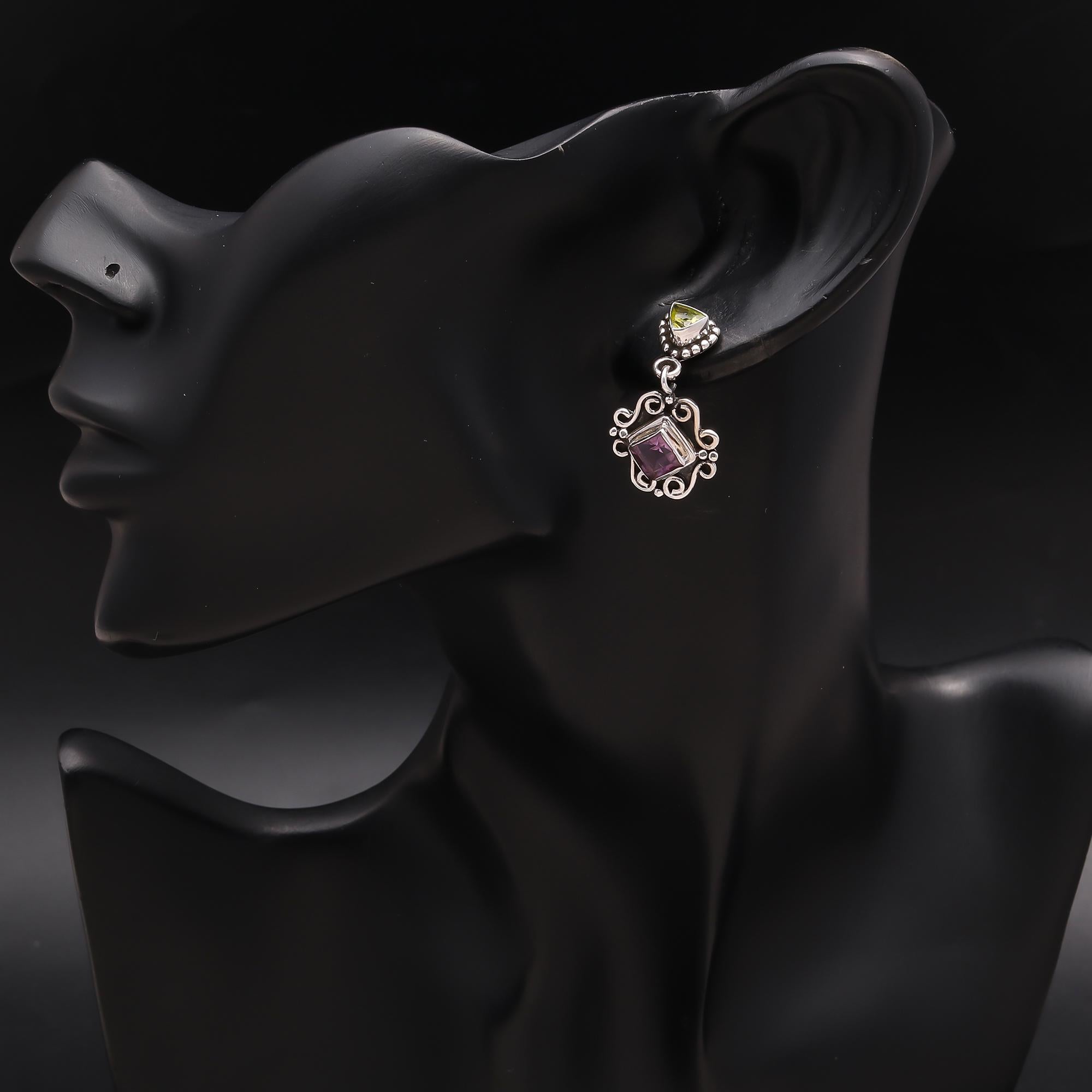 925 Silver Amethyst and Peridot Drop Earrings