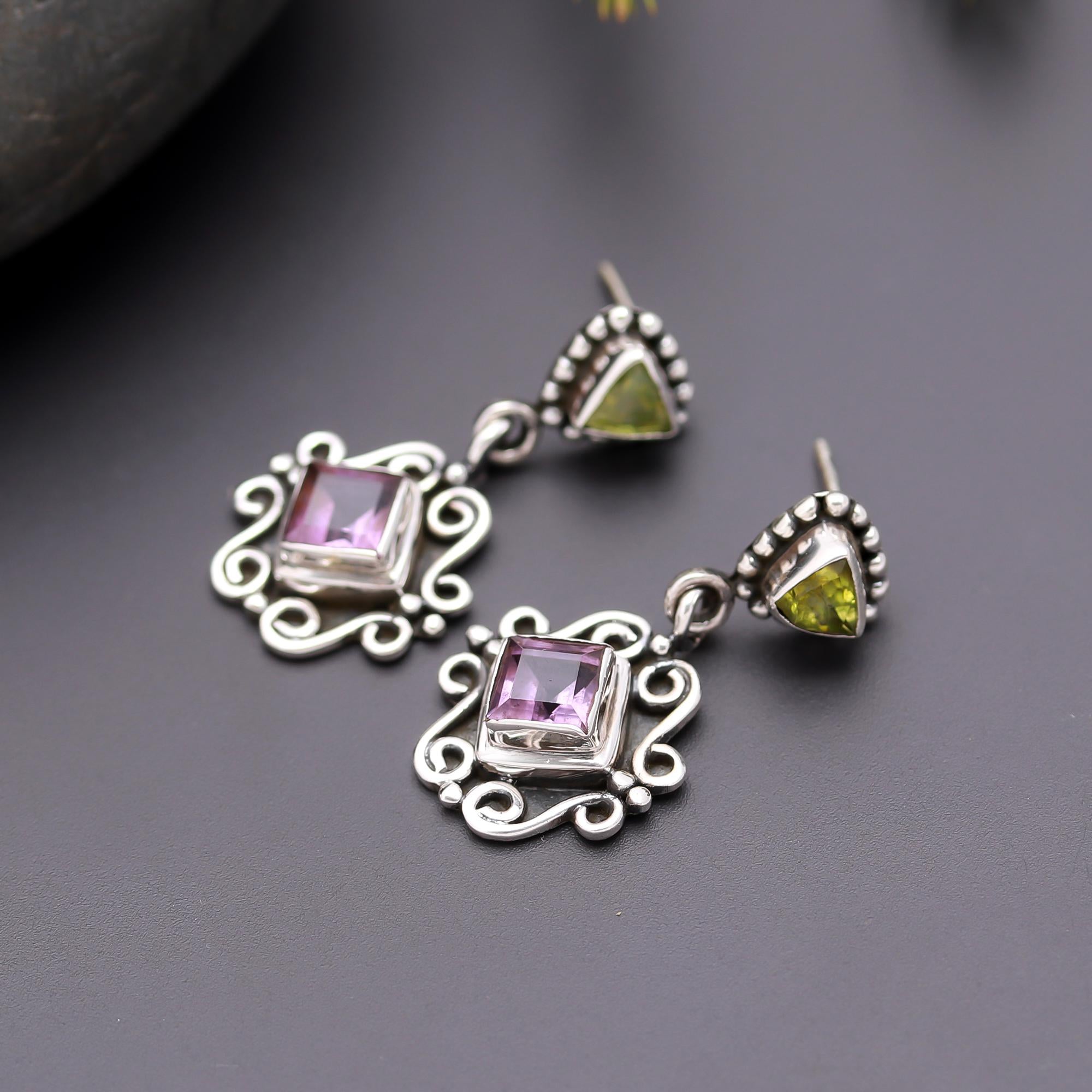 925 Silver Amethyst and Peridot Drop Earrings