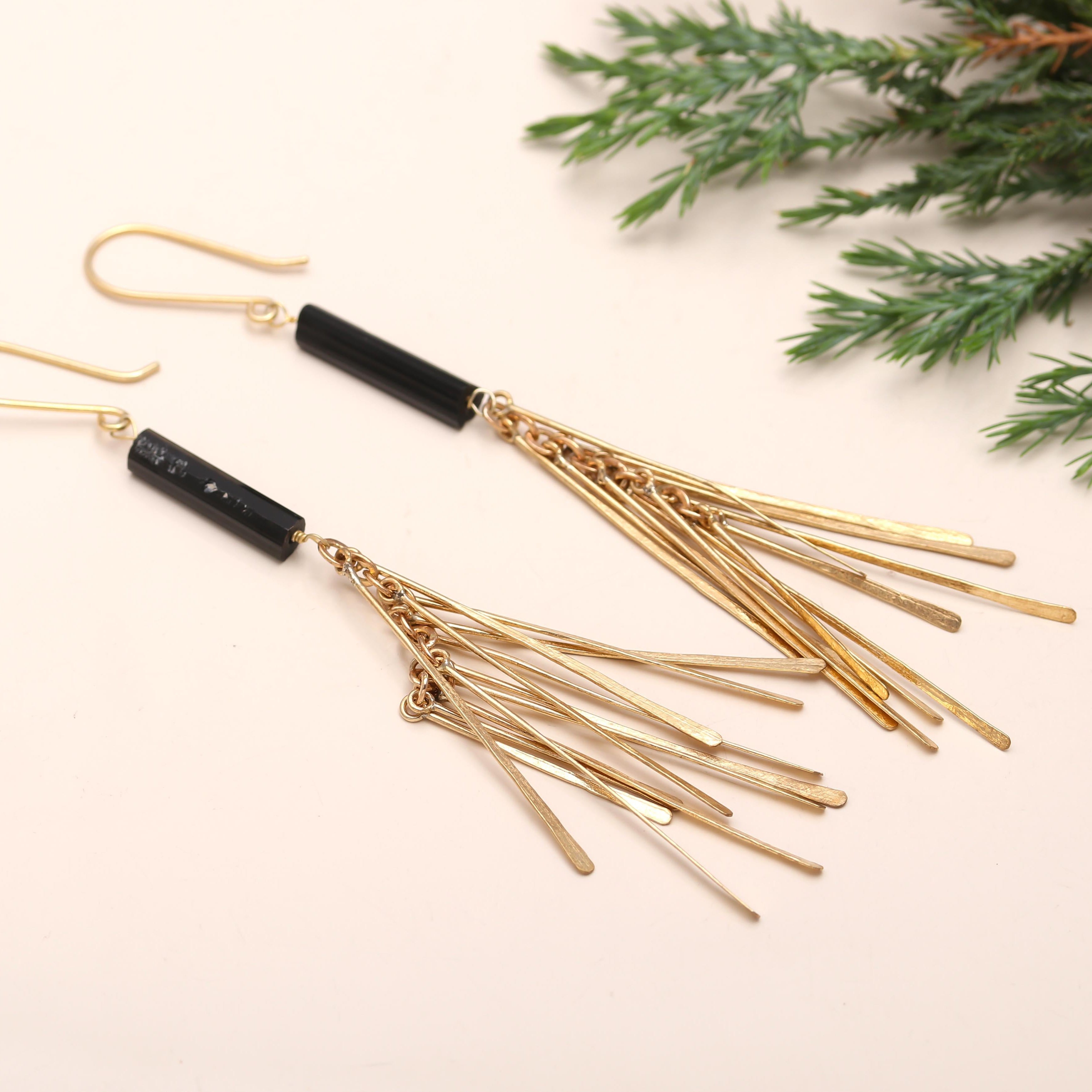 The Midnight Ray: Black Tourmaline Gold Fringe Earrings