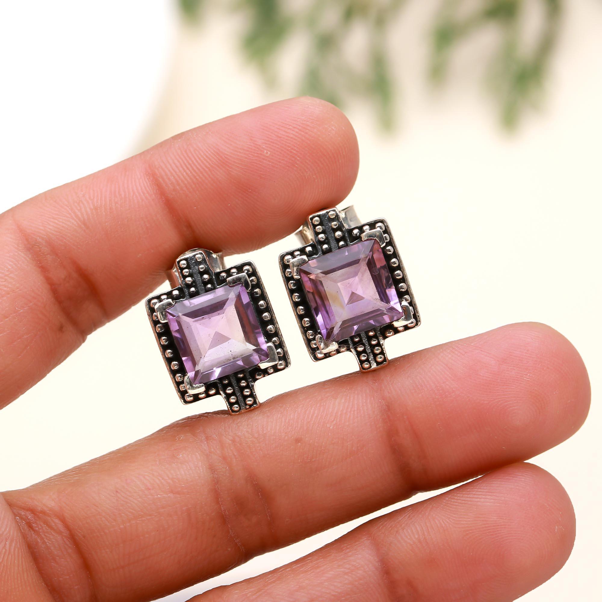925 Sterling Silver Faceted Amethyst Vintage Square Gemstone Stud Earrings