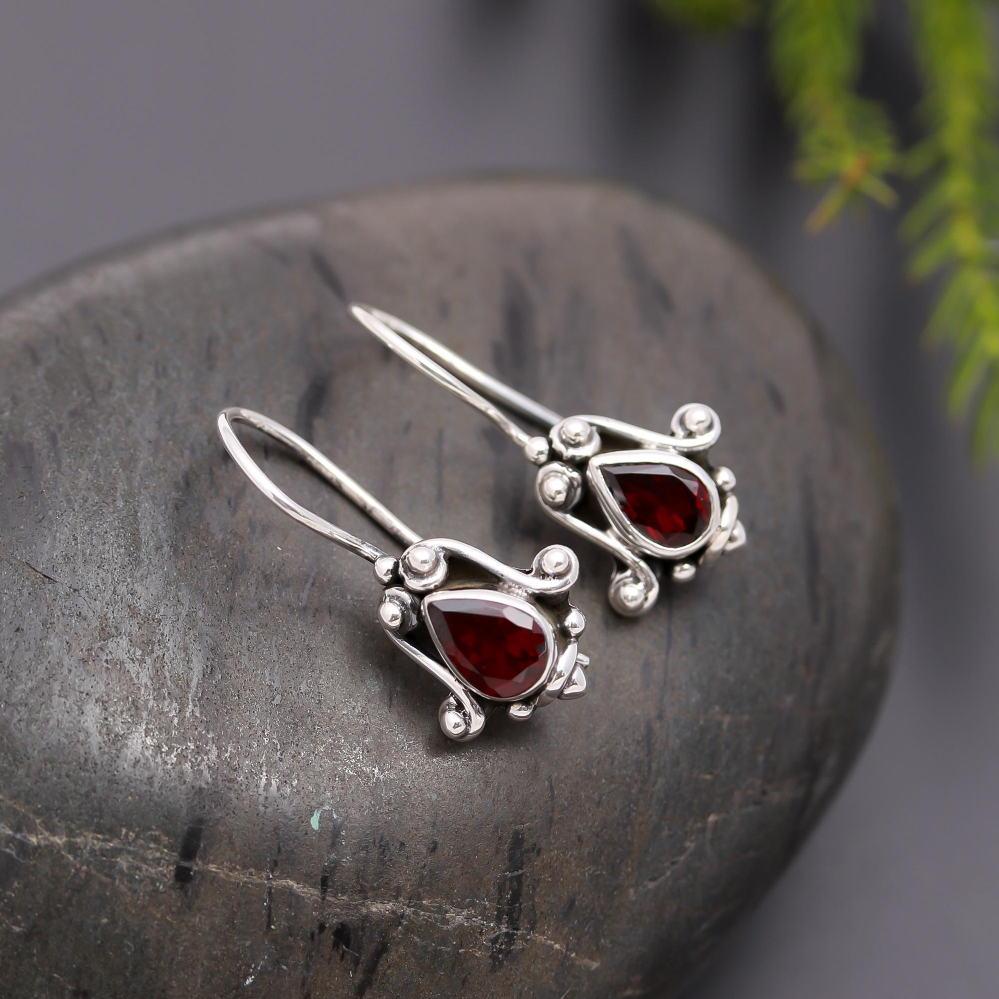 925 Silver Vintage Garnet Teardrop Earrings