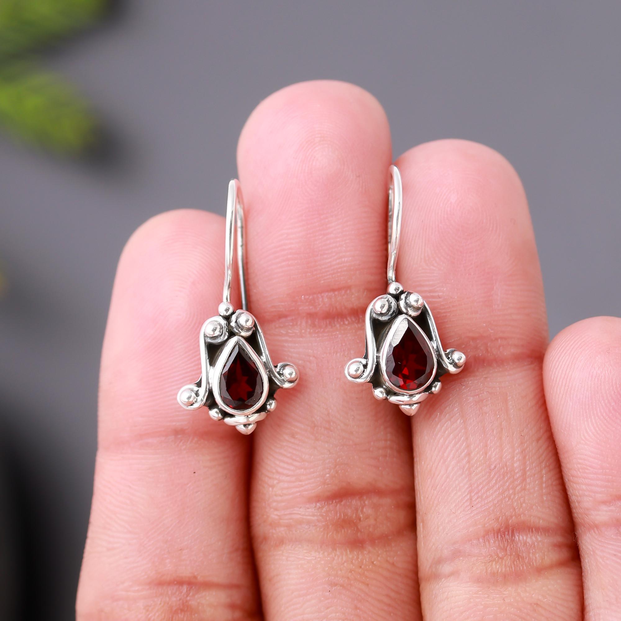 925 Silver Vintage Garnet Teardrop Earrings