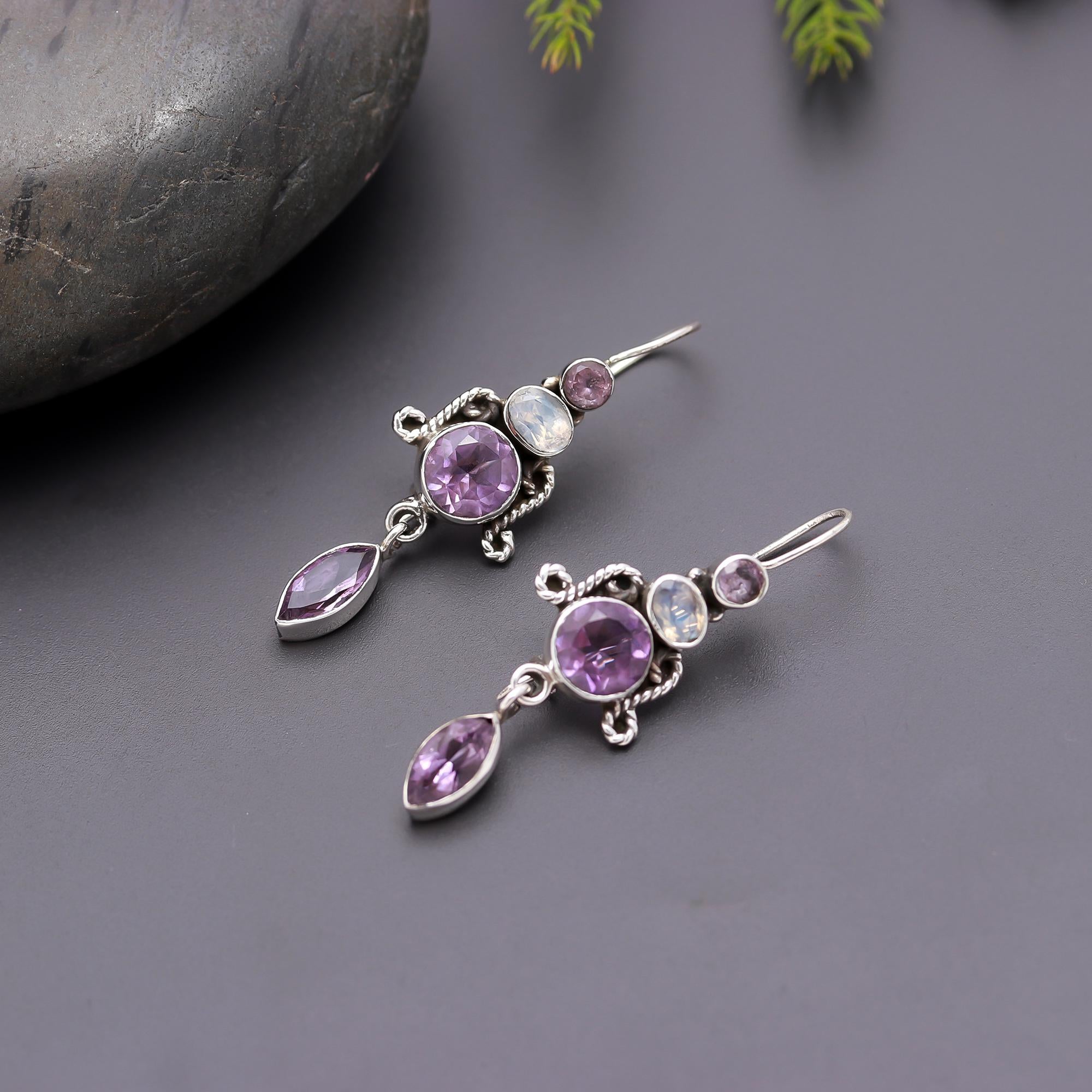 925 Silver Amethyst and Moonstone Dangle Earrings