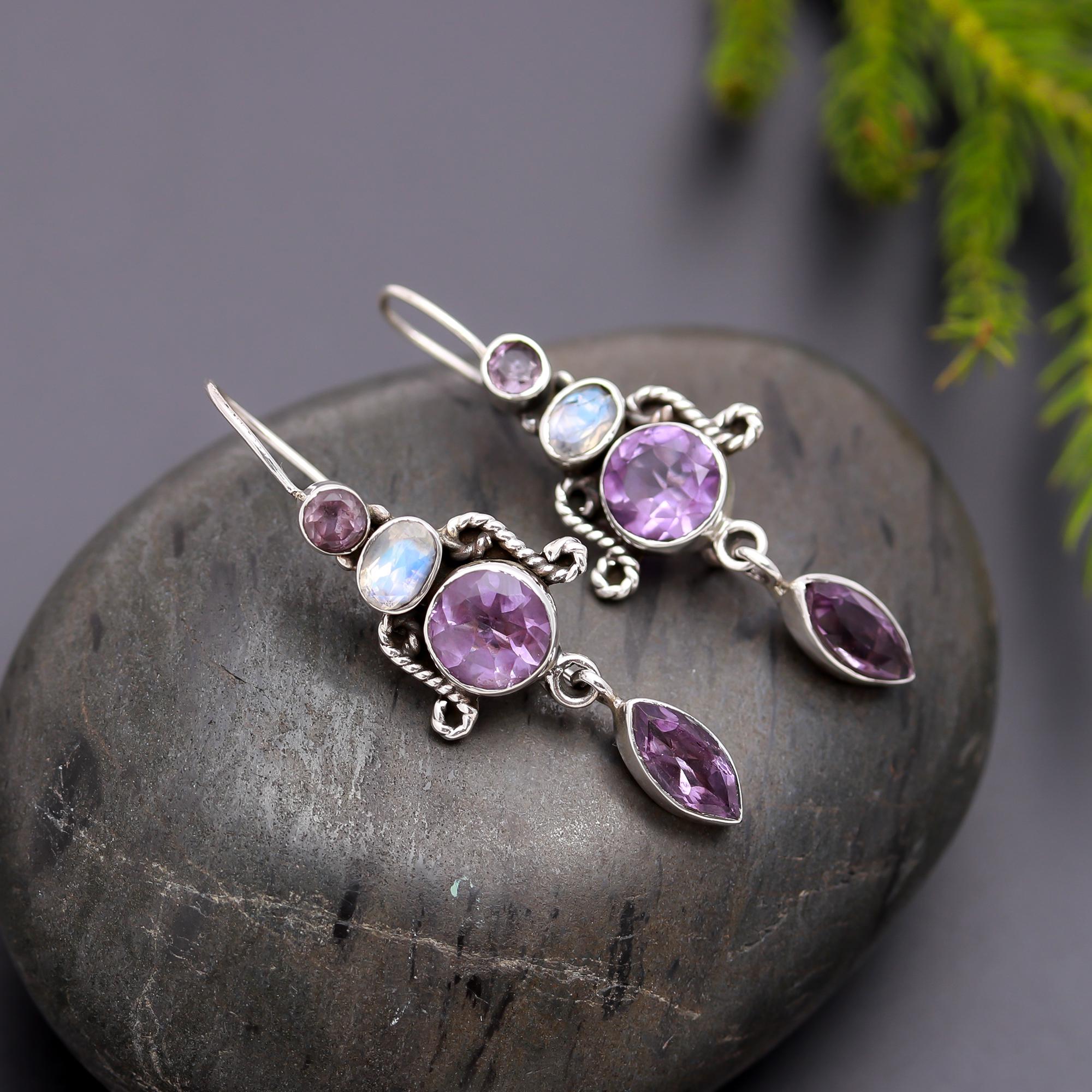 925 Silver Amethyst and Moonstone Dangle Earrings