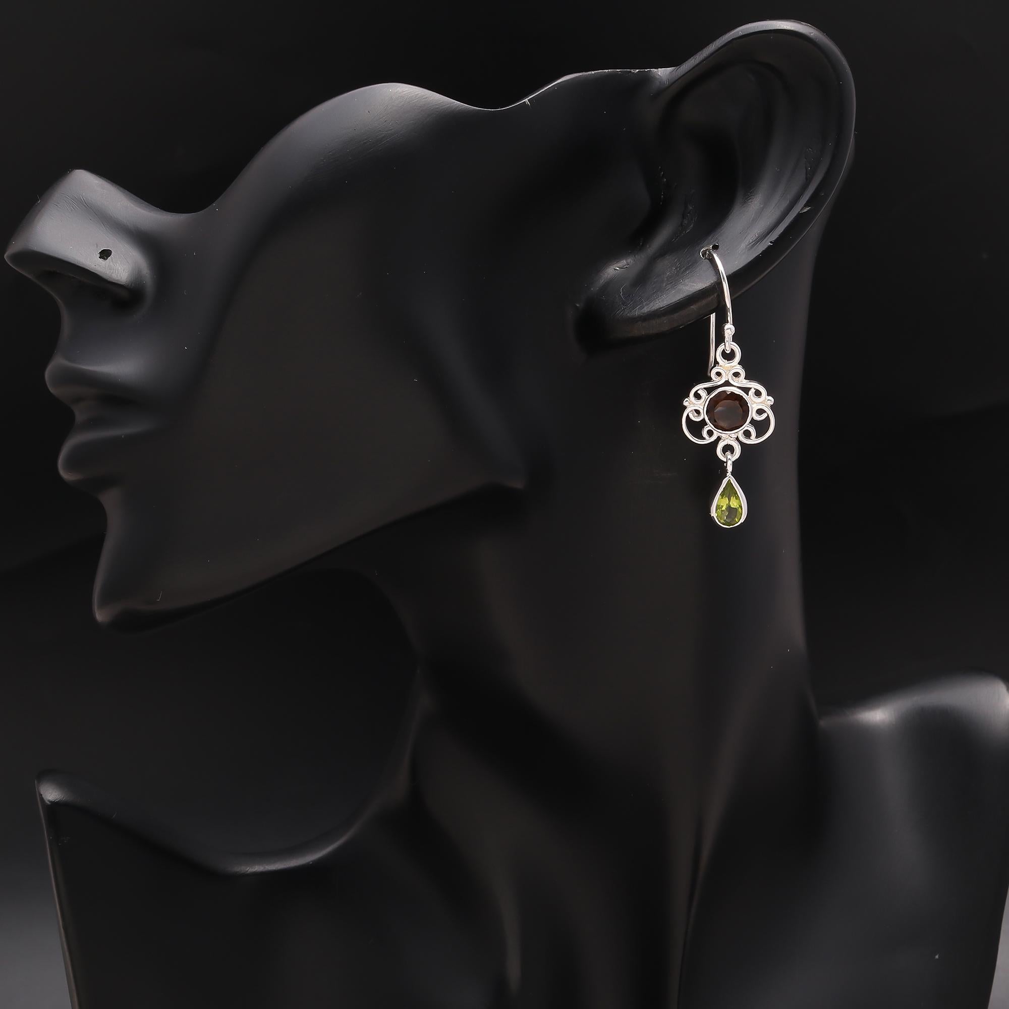 925 Silver Garnet and Peridot Filigree Dangle Earrings