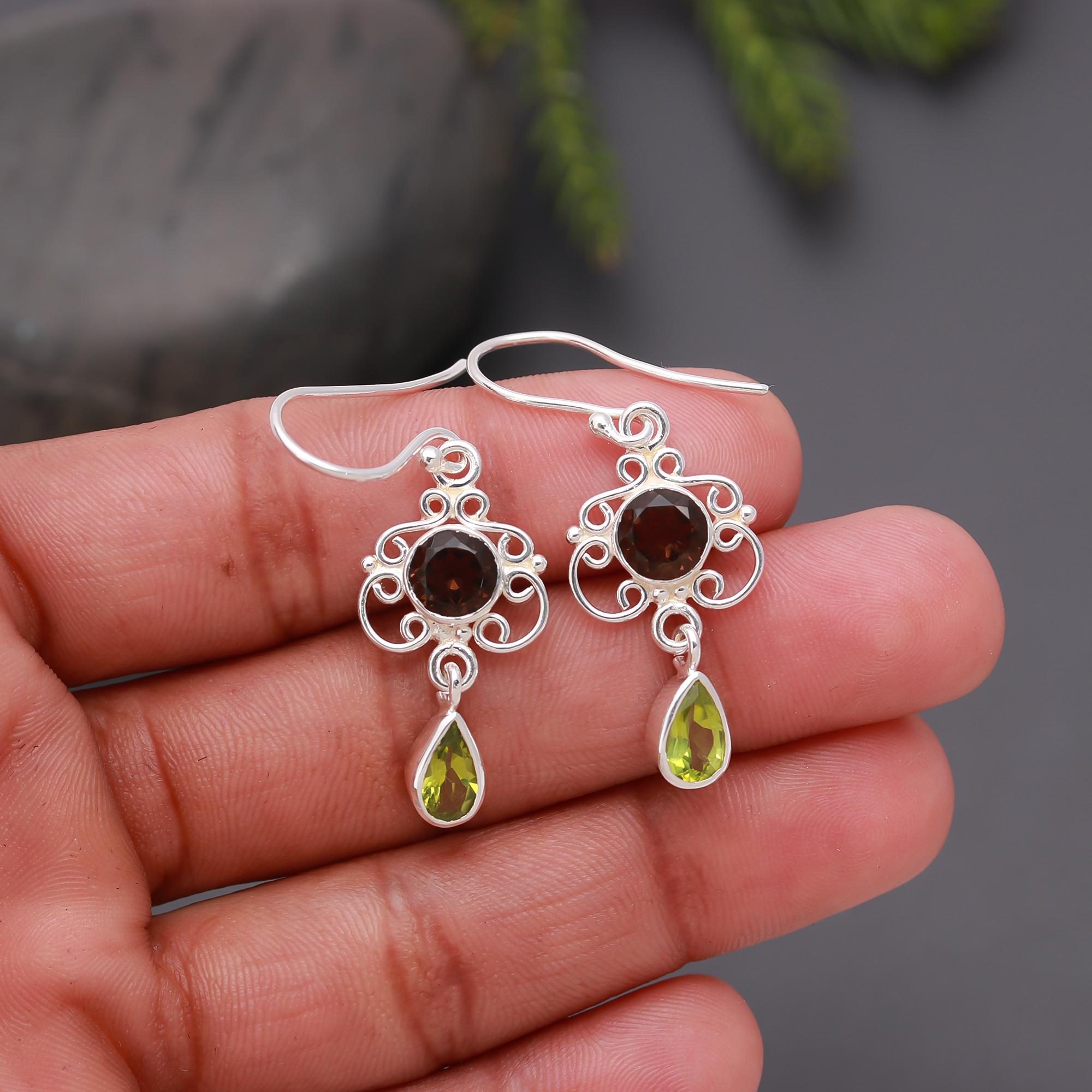 925 Silver Garnet and Peridot Filigree Dangle Earrings