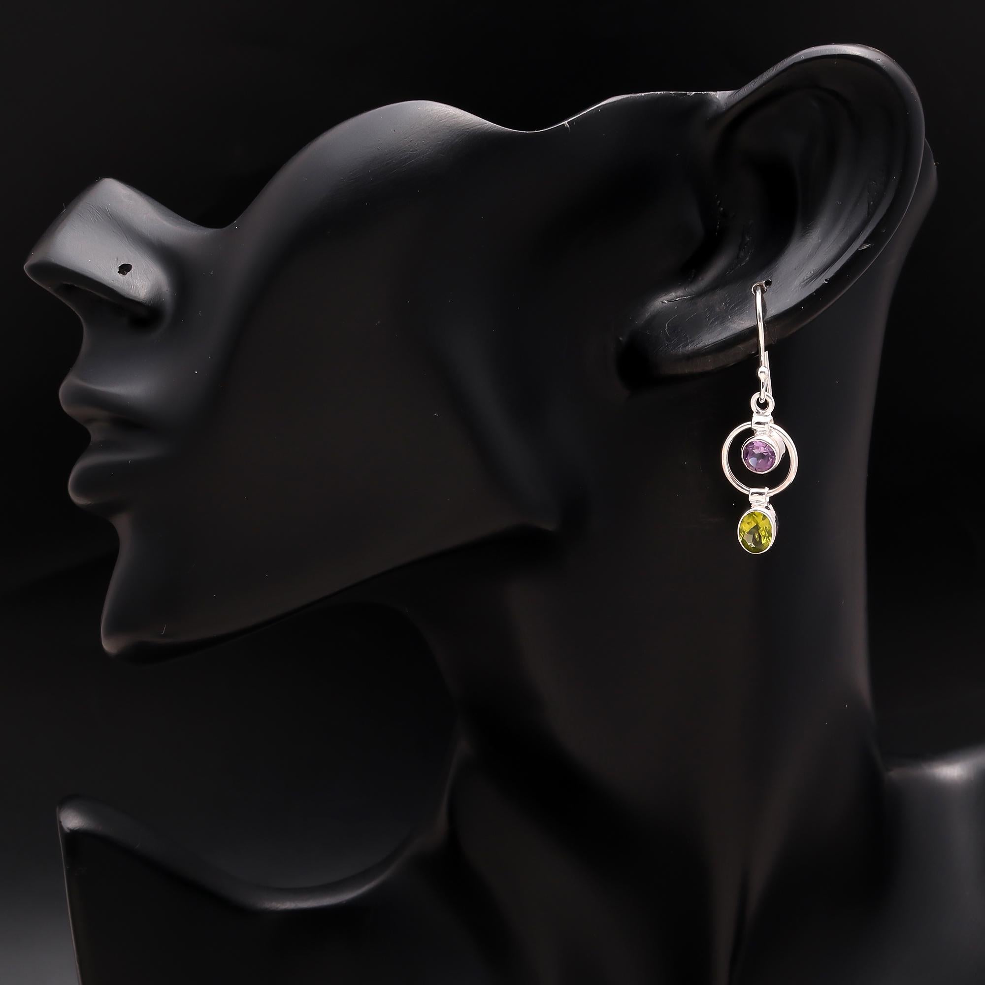 925 Silver Amethyst and Peridot Circle Dangle Earrings