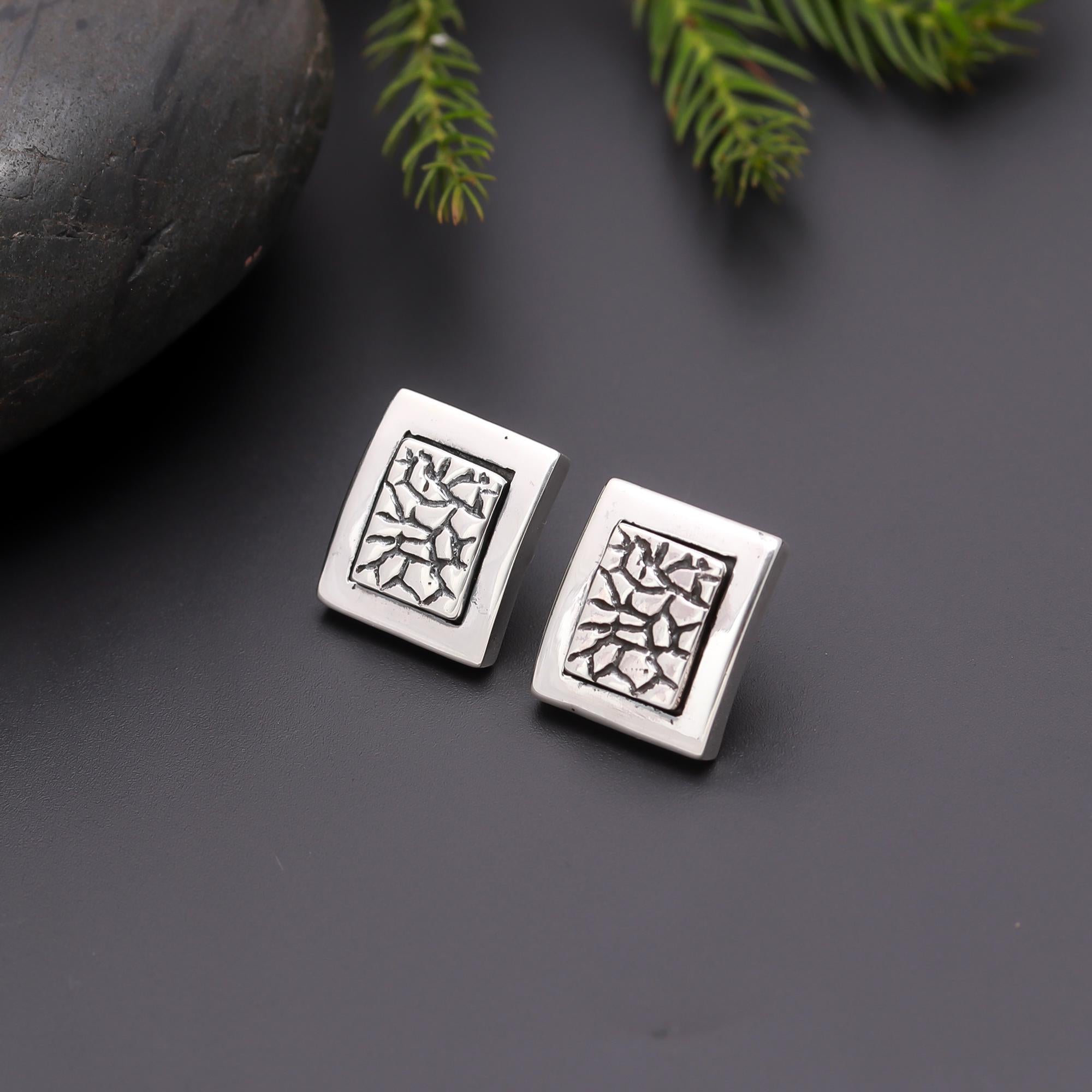 925 Silver Textured Square Stud Earrings