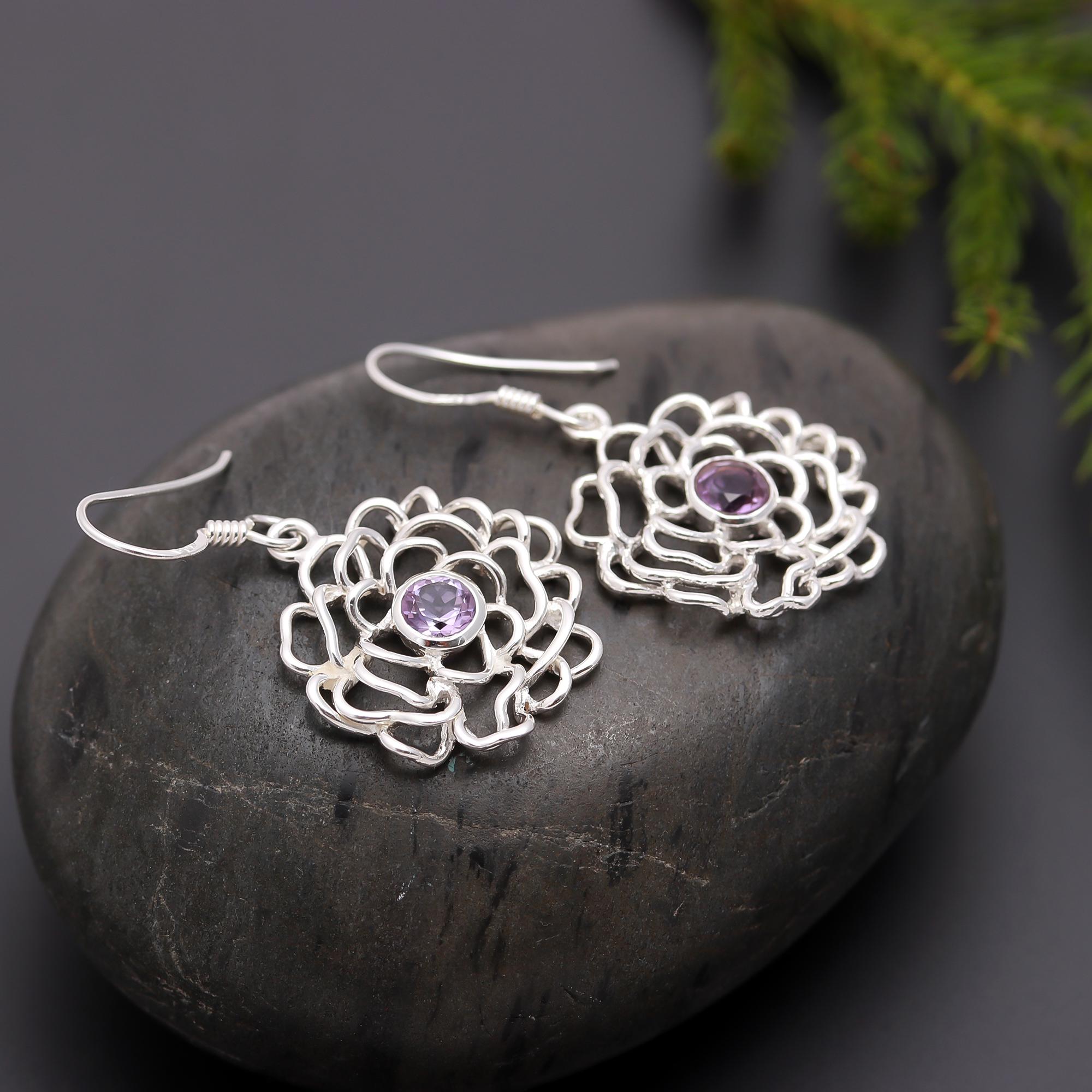 925 Silver Amethyst Flower Dangle Earrings