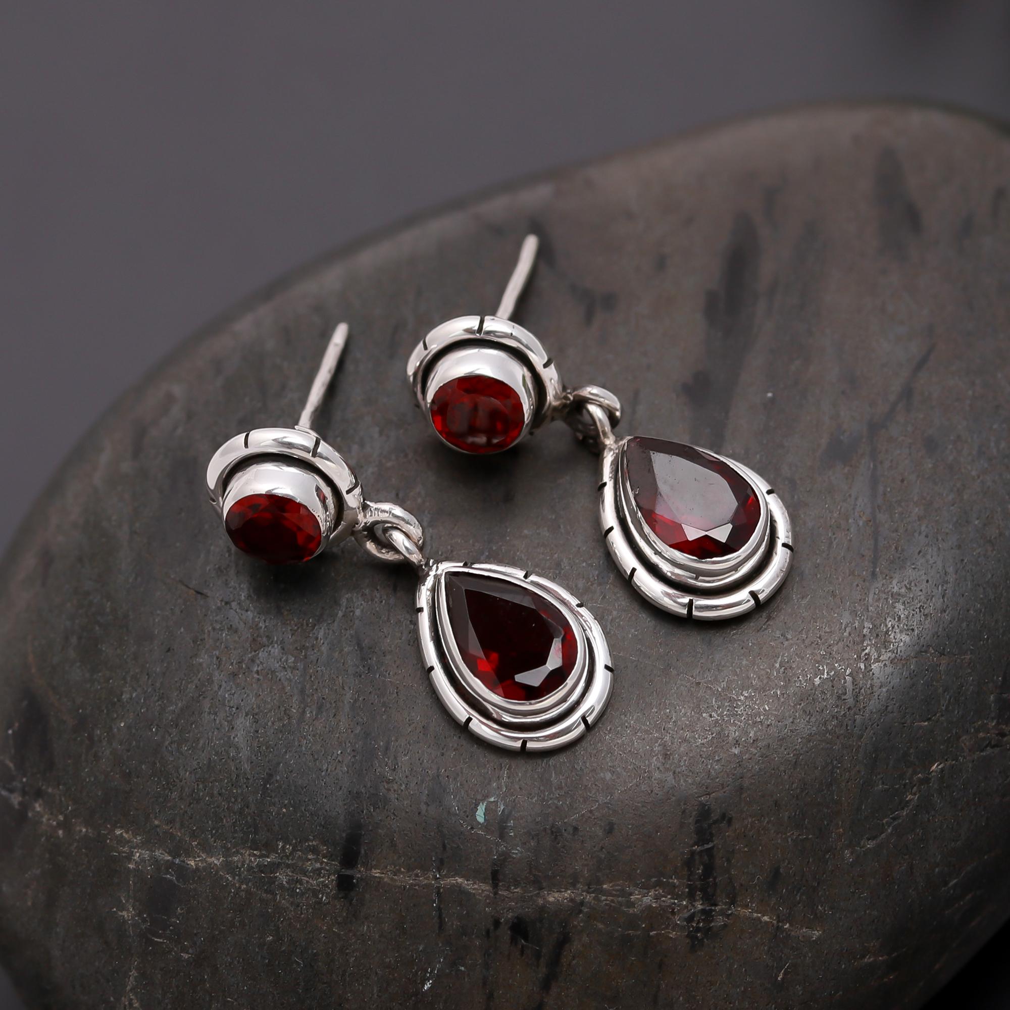 925 Silver Red Garnet Drop Earrings