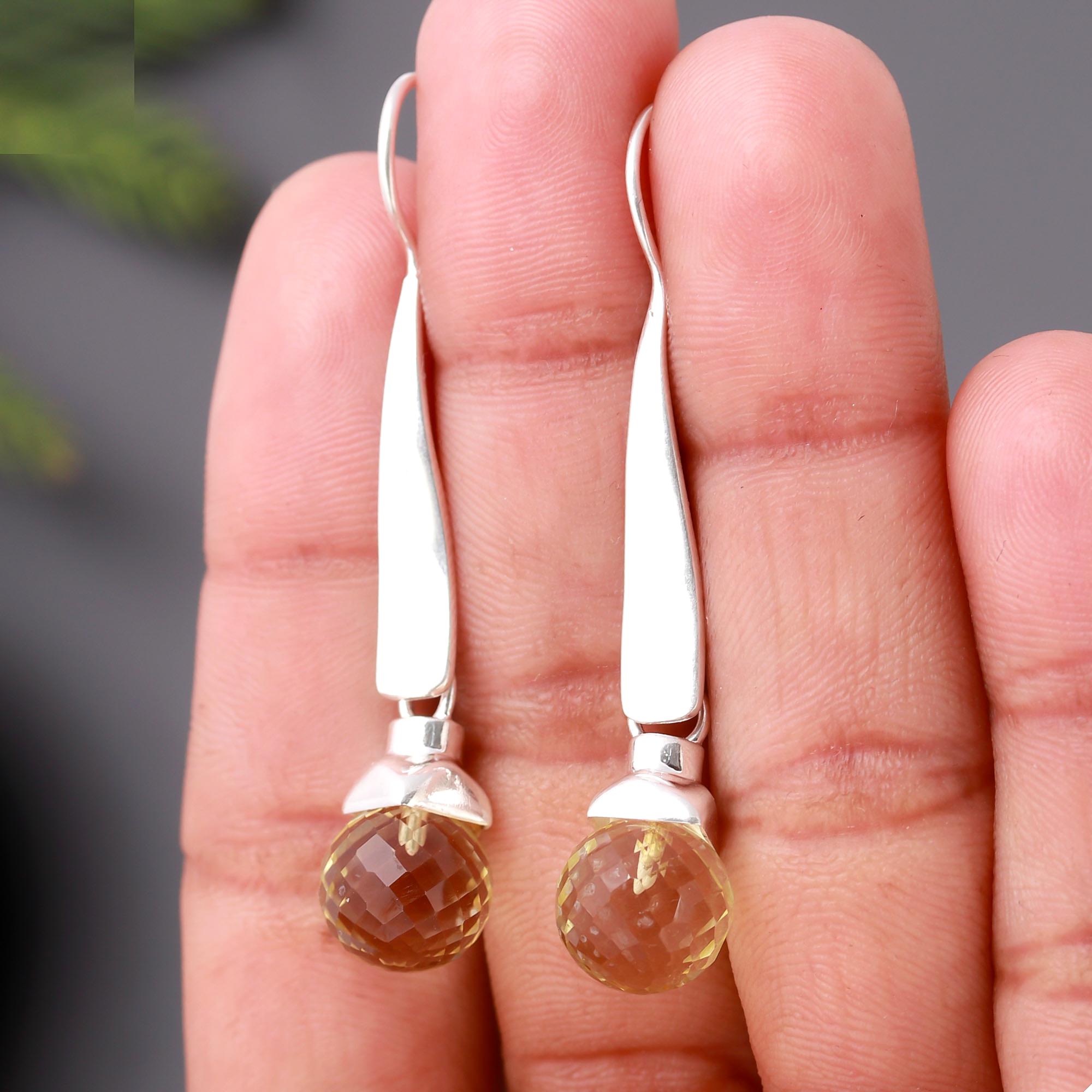925 Silver Faceted Lemon Quartz Dangle Earrings