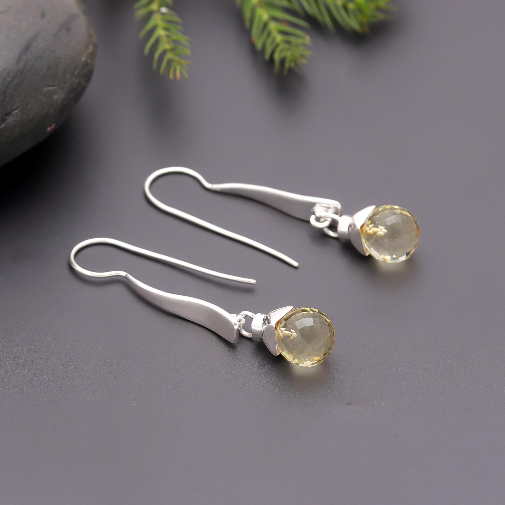 925 Silver Faceted Lemon Quartz Dangle Earrings