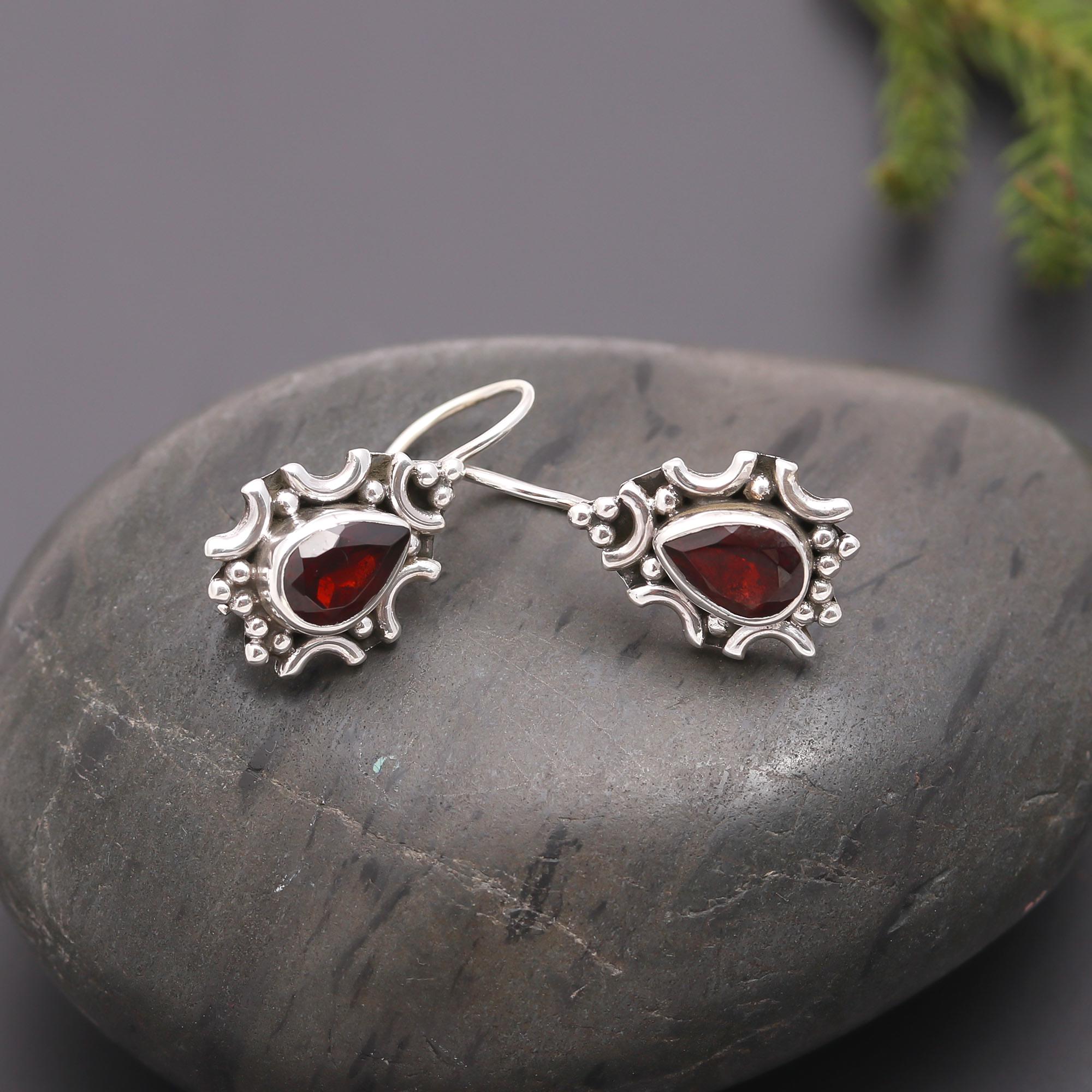 925 Silver Garnet Dangle Earrings