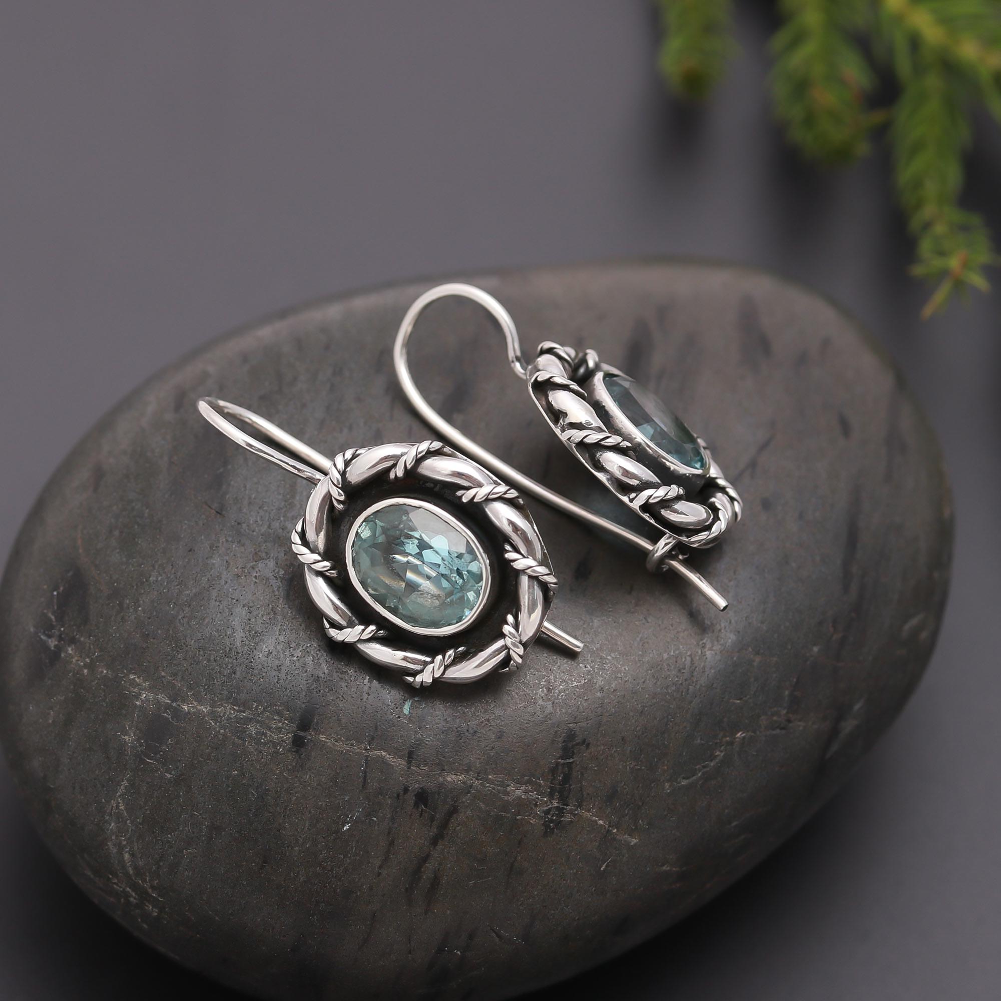 925 Silver Aquamarine Rope Frame Dangle Earrings