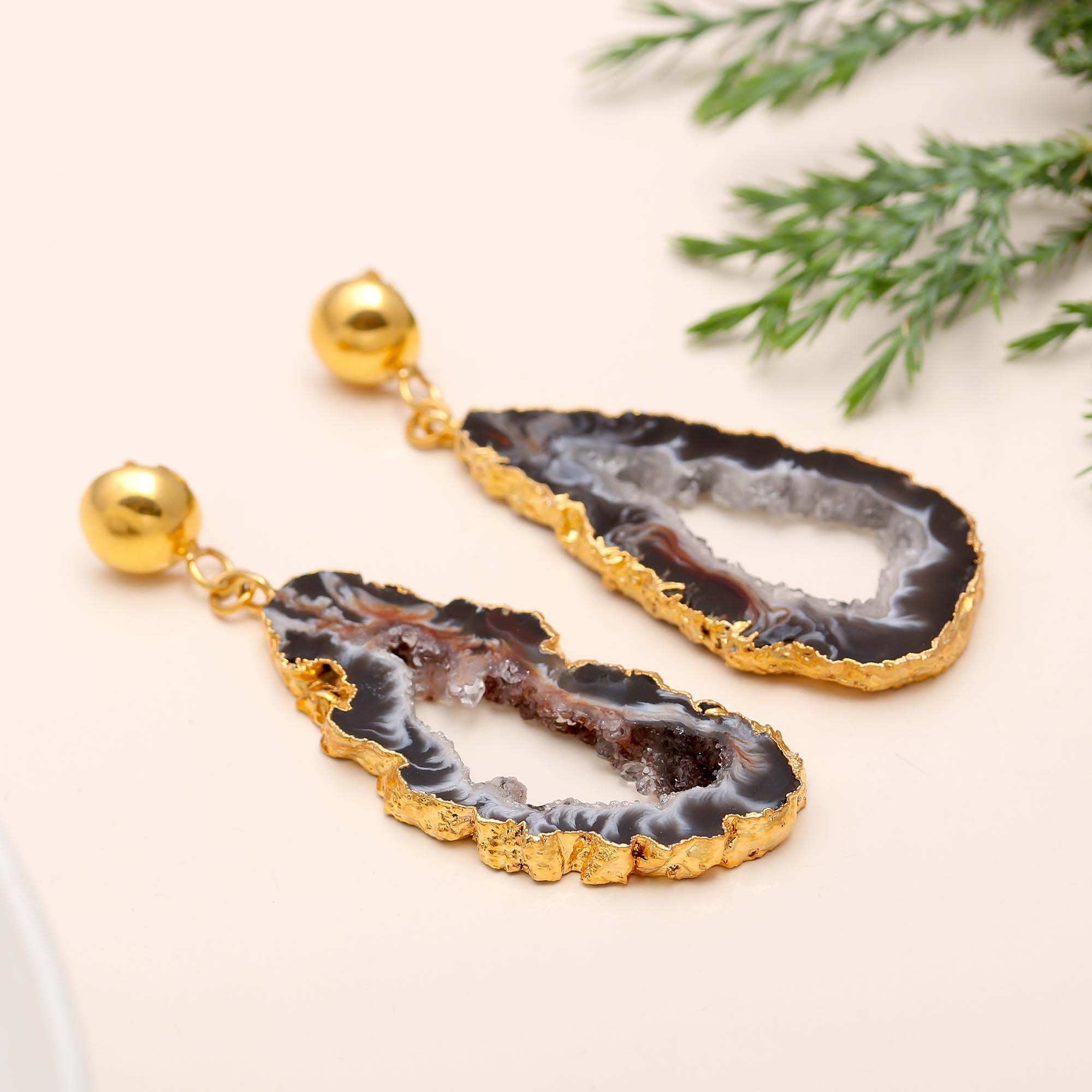 The Midnight Geode: Black Agate Slice & Gold Drop Earrings