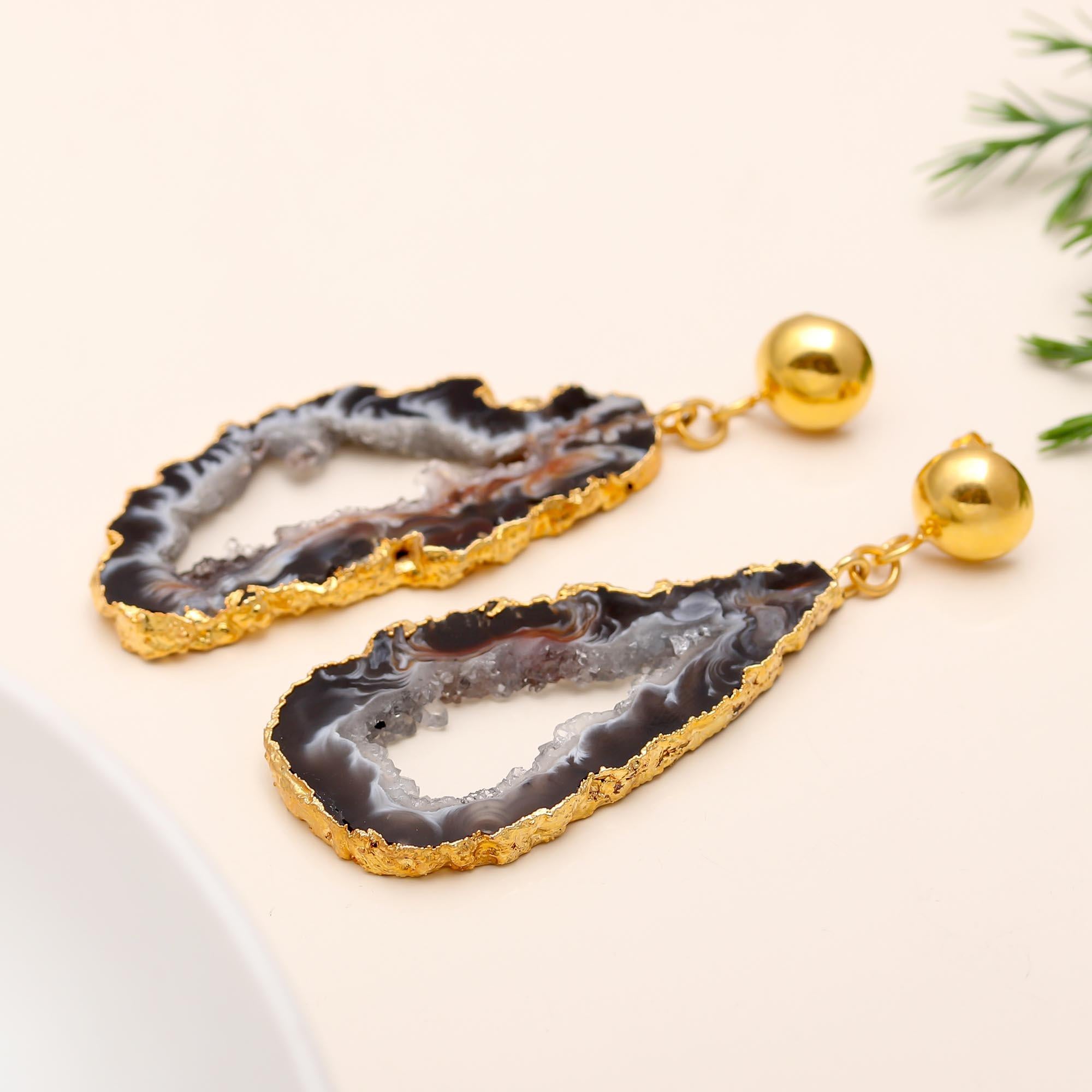The Midnight Geode: Black Agate Slice & Gold Drop Earrings