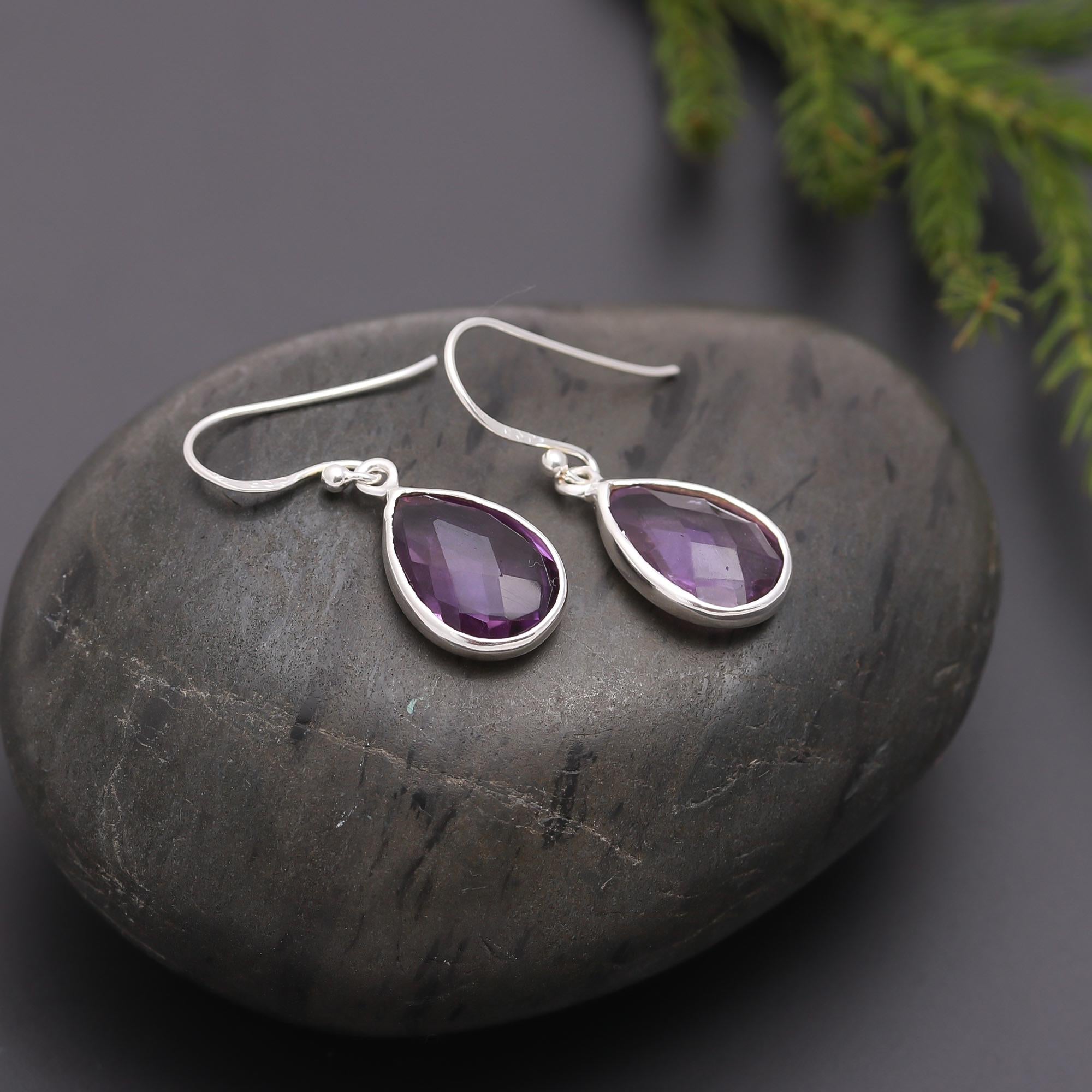 925 Silver Faceted Amethyst Dangle Earrings