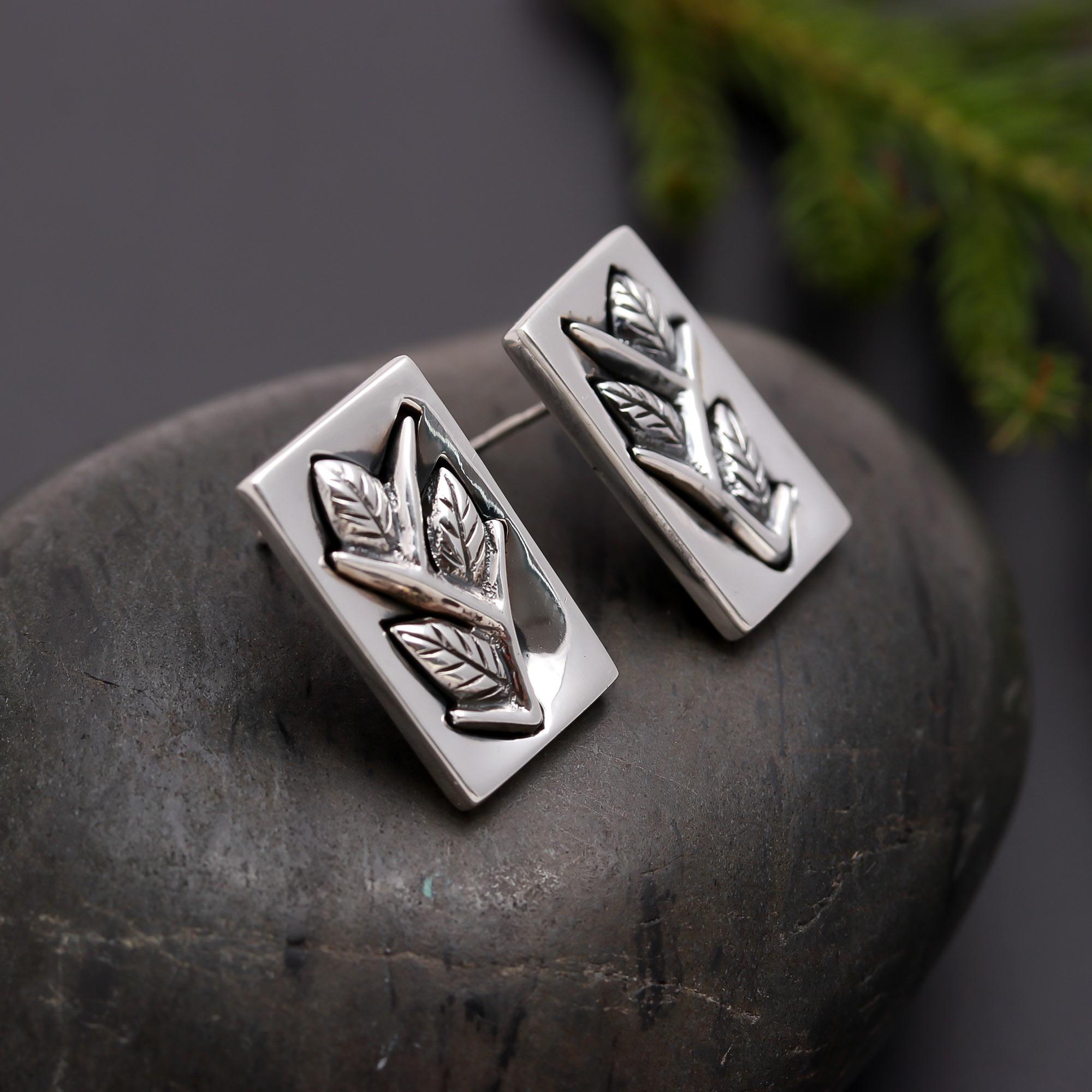 925 Silver Leaf Motif Rectangle Stud Earrings