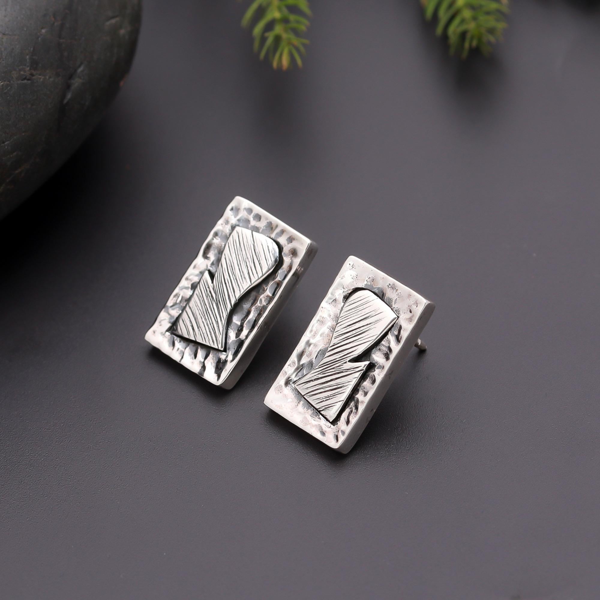 925 Silver Textured Rectangle Stud Earrings