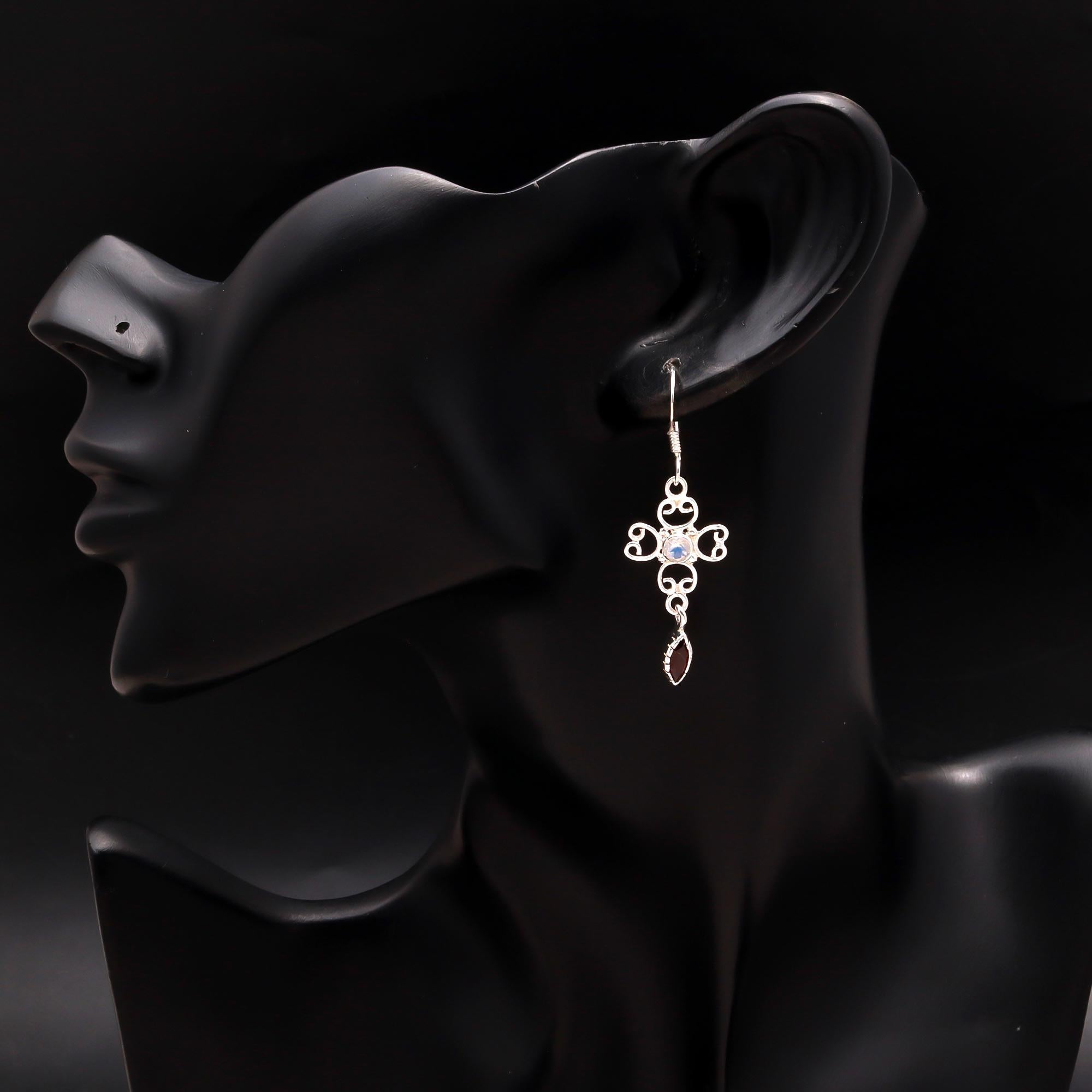 925 Silver Moonstone and Garnet Scroll Dangle Earrings