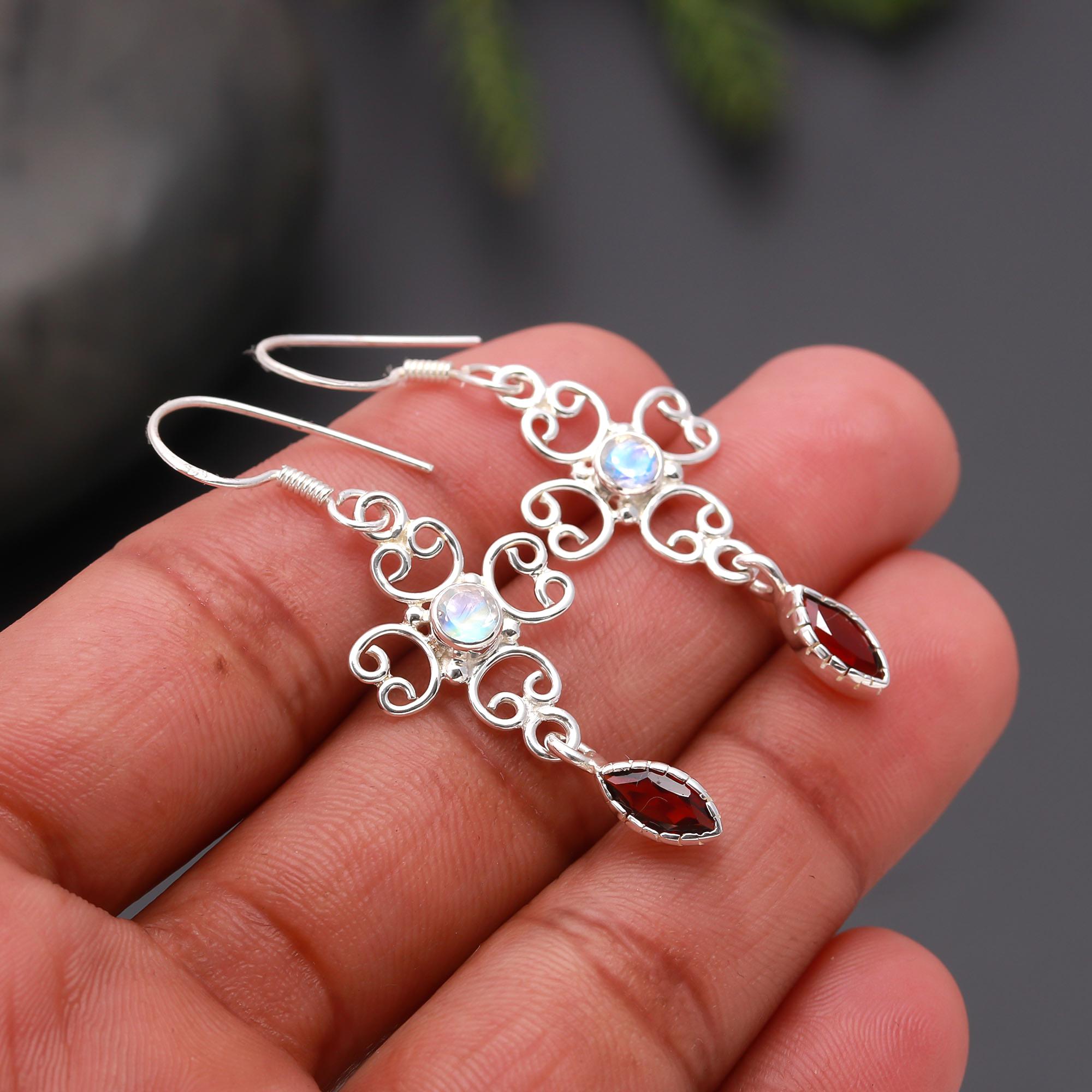 925 Silver Moonstone and Garnet Scroll Dangle Earrings
