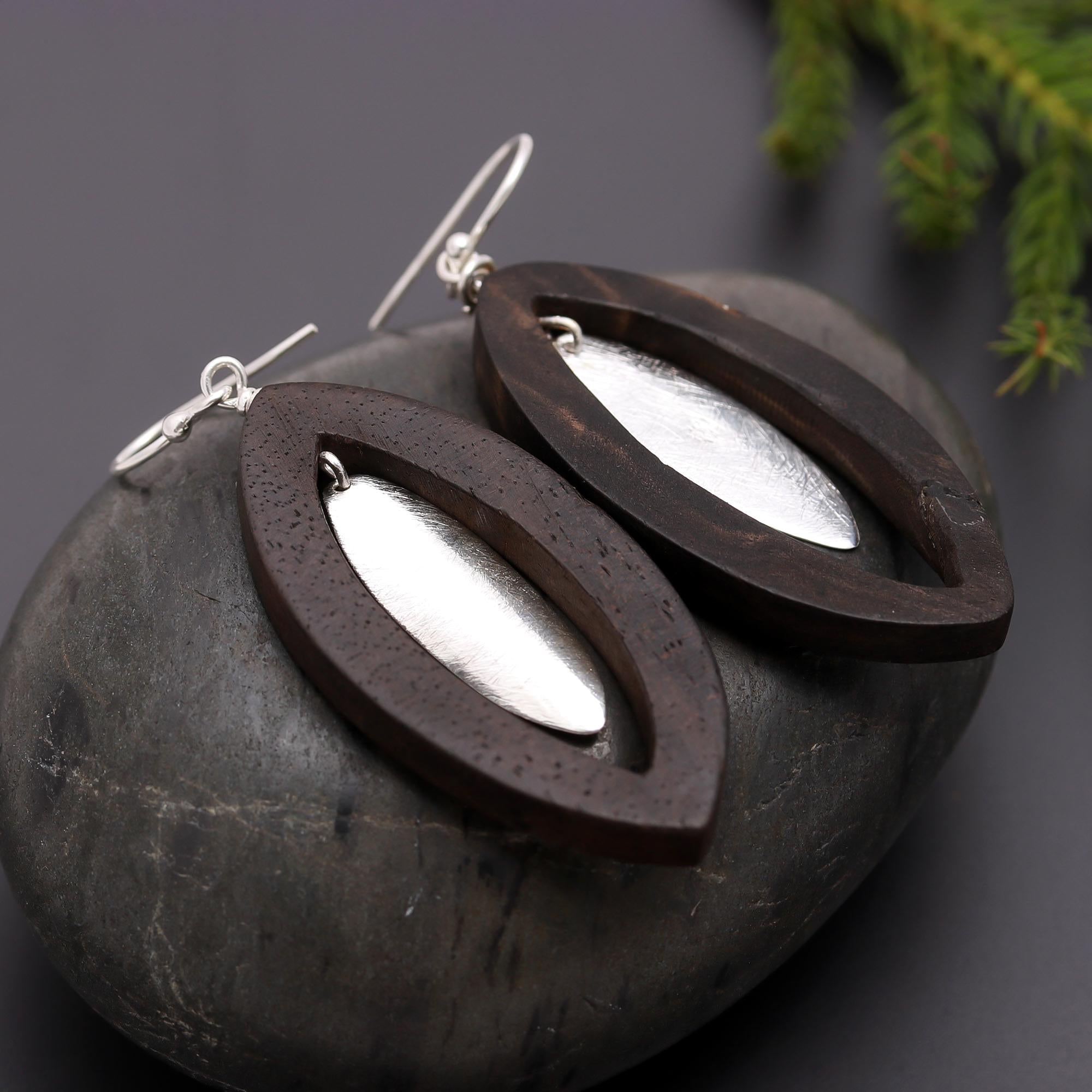 925 Silver and Wood Marquise Dangle Earrings