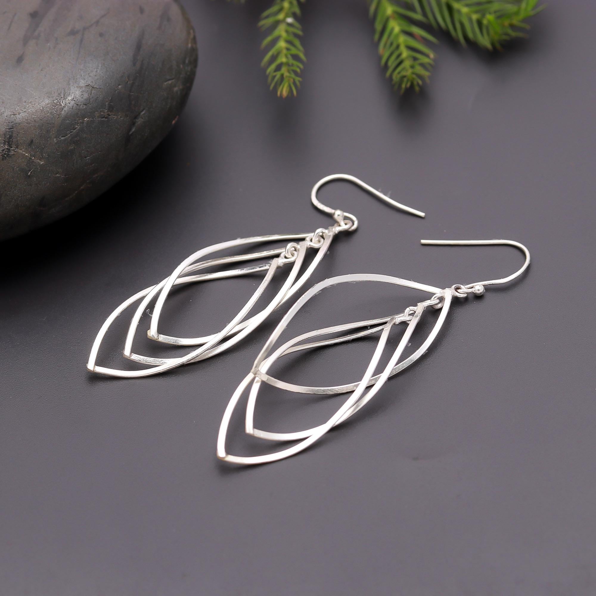 925 Silver Layered Leaf Dangle Earrings