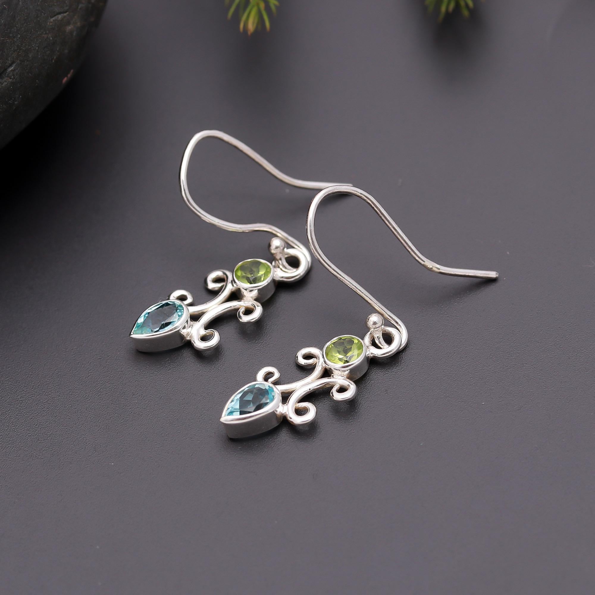 925 Silver Peridot and Blue Topaz Scroll Drop Earrings