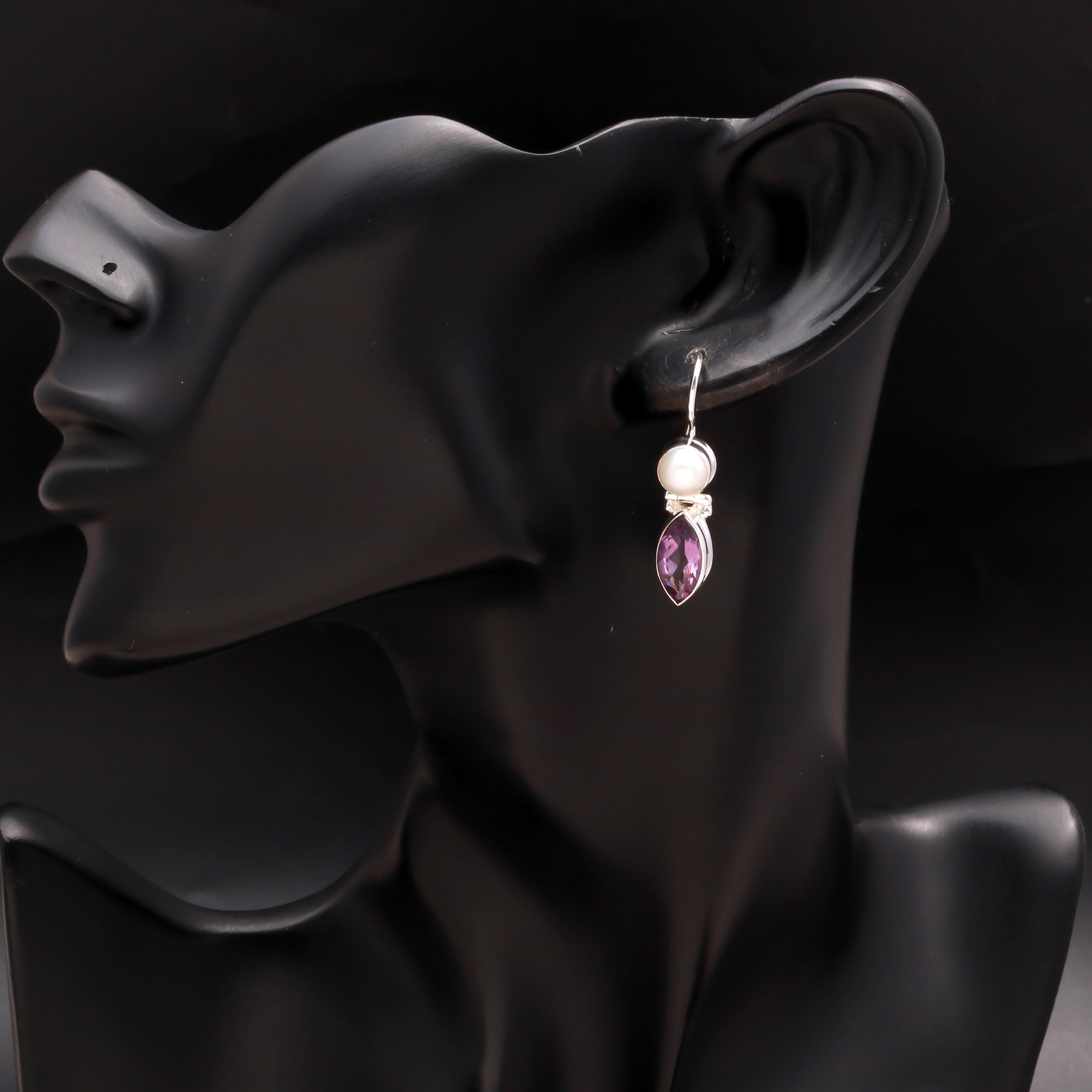 925 Silver Pearl and Amethyst Dangle Earrings