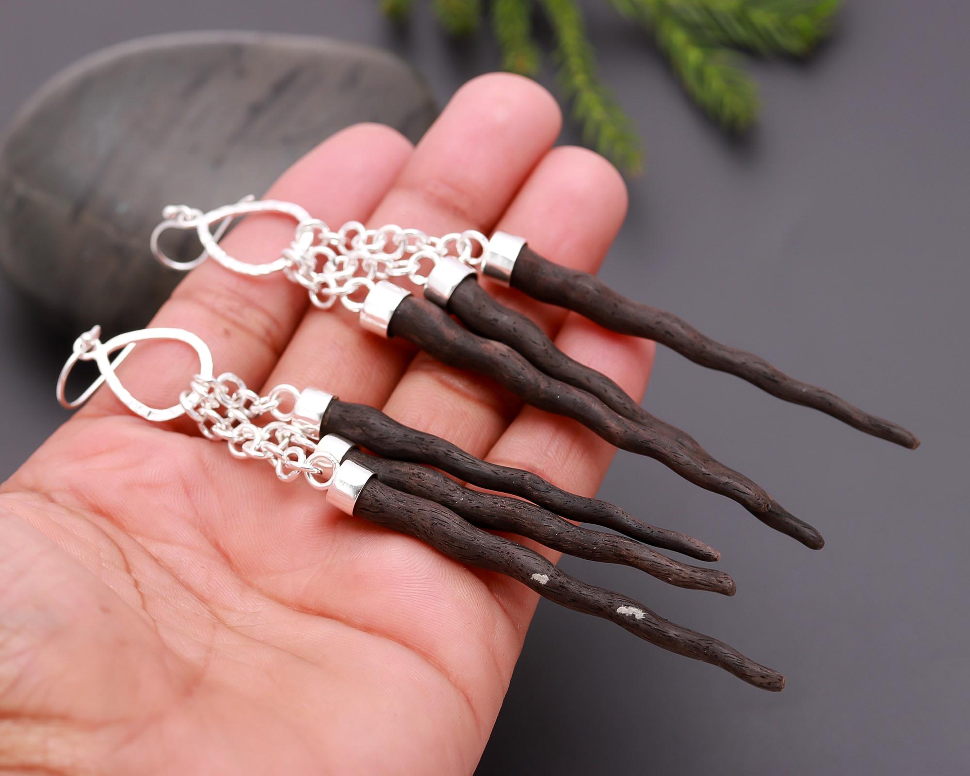 925 Silver Long Wood Stick Dangle Earrings
