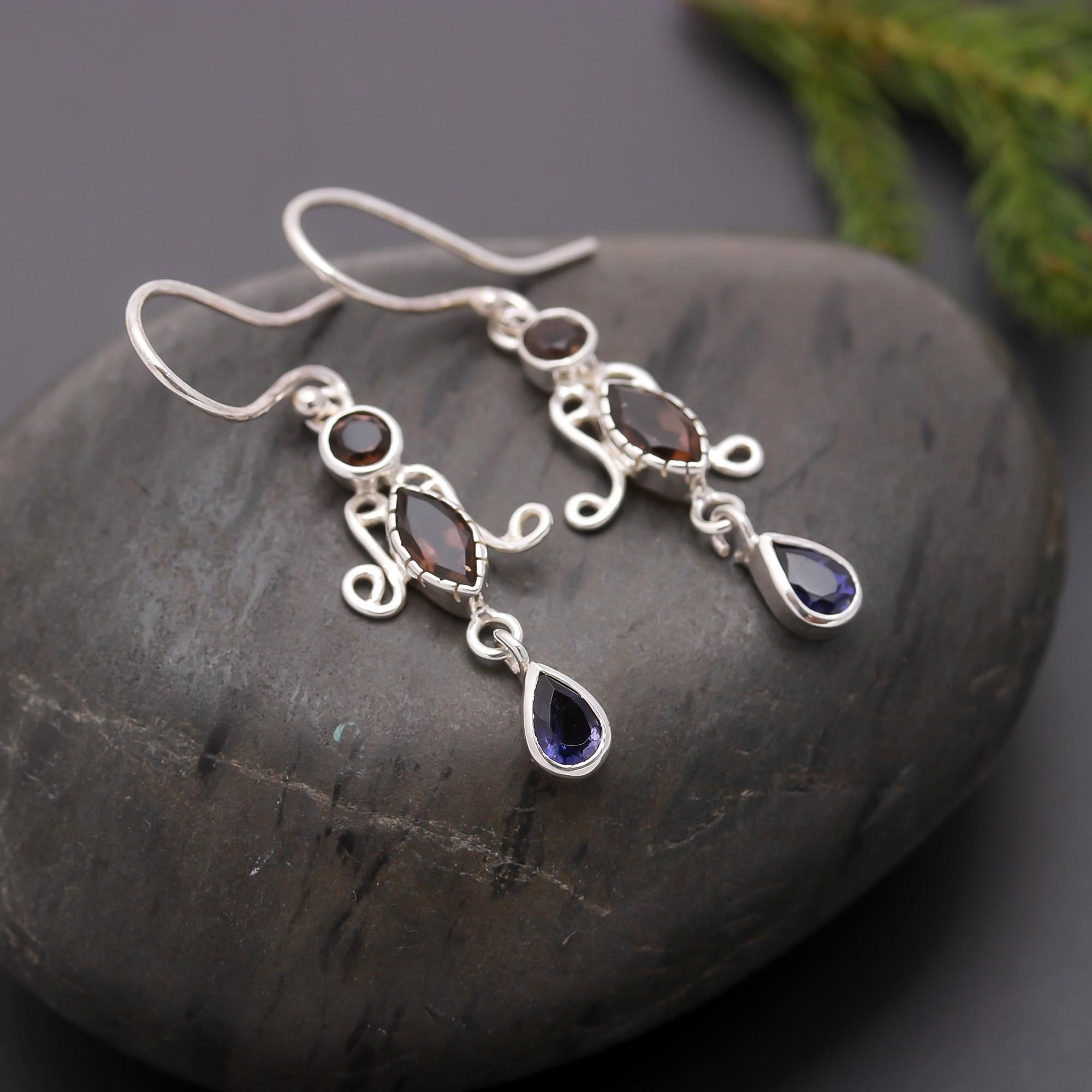 925 Silver Smoky Quartz and Iolite Dangle Earrings