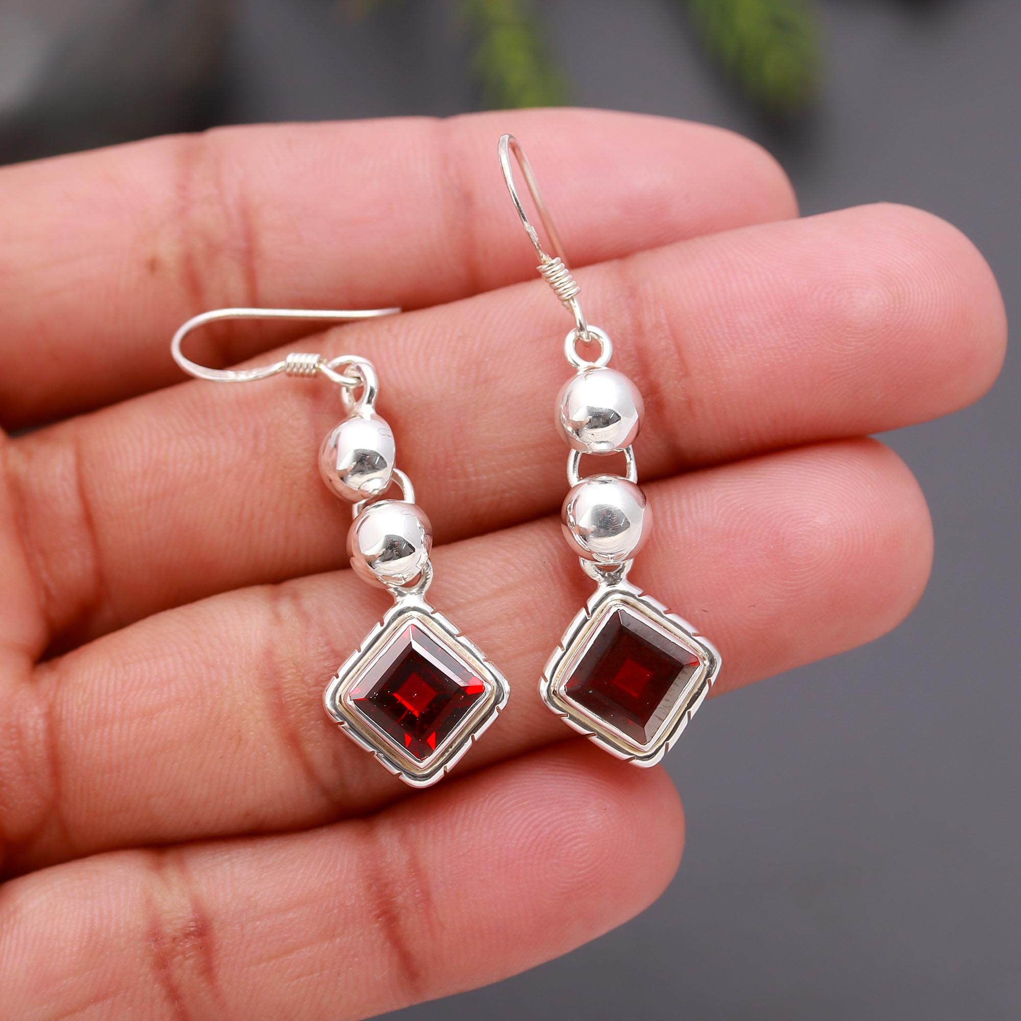 925 Silver Beads Garnet Dangle Earrings