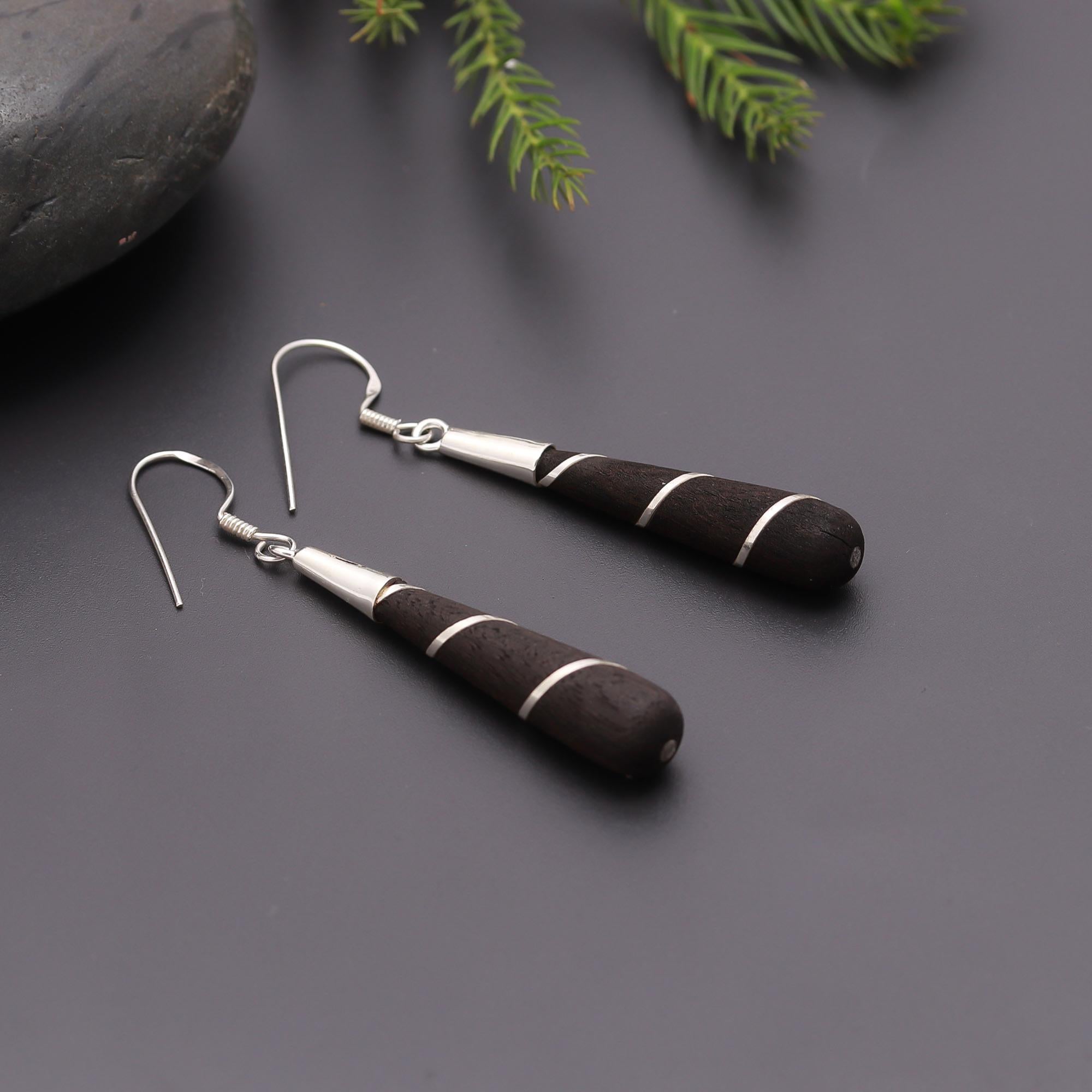 925 Silver and Wood Spiral Cone Dangle Earrings