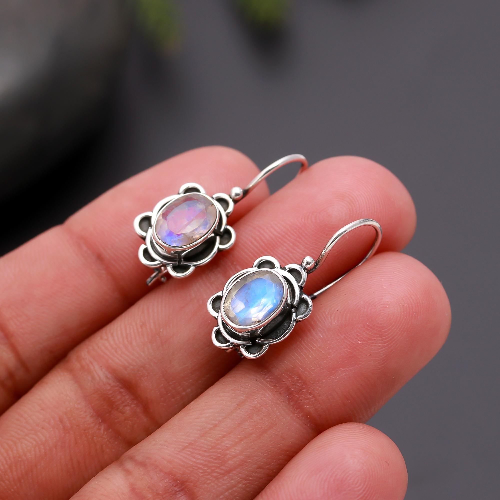925 Silver Moonstone Floral Dangle Earrings