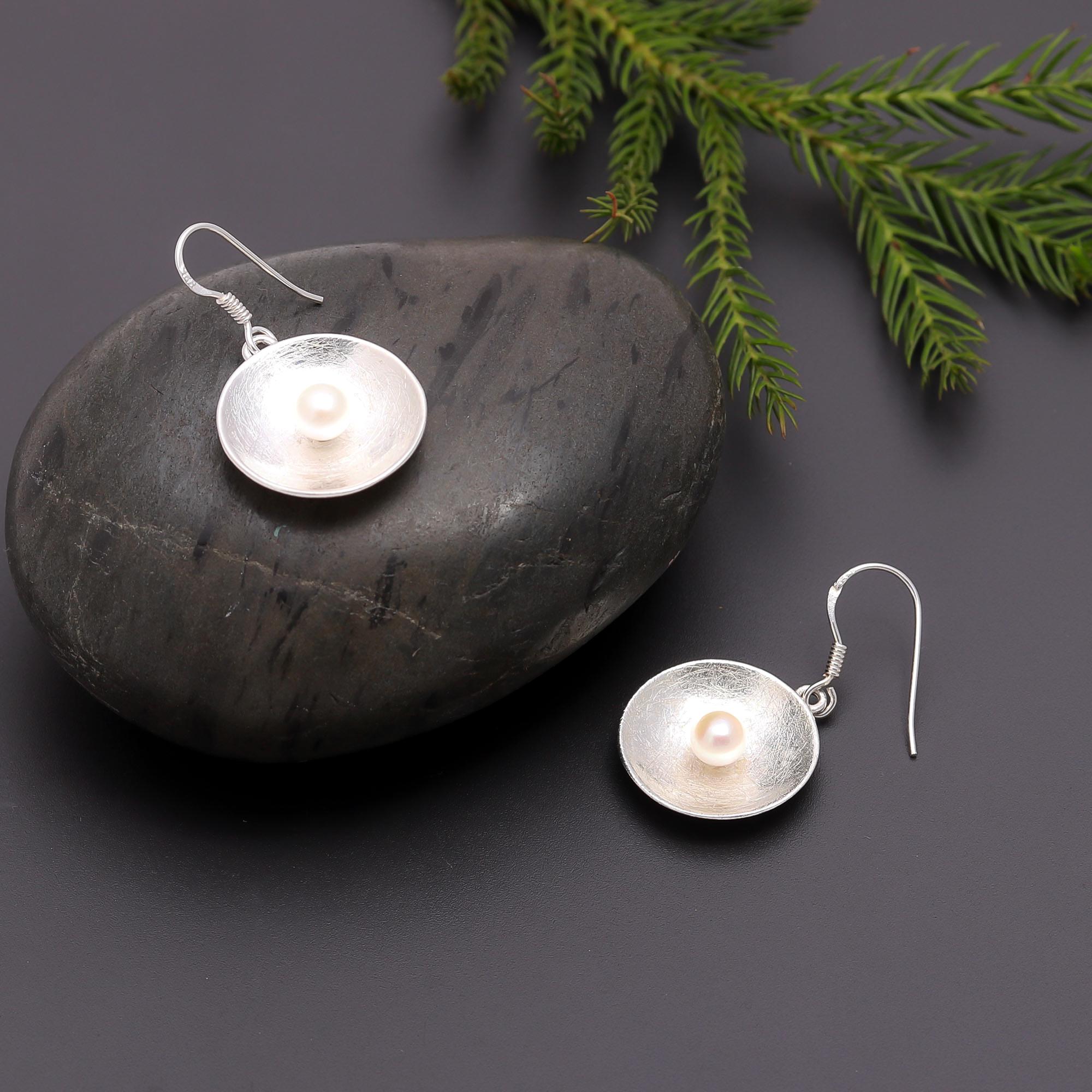 925 Silver Textured Dome Pearl Dangle Earrings