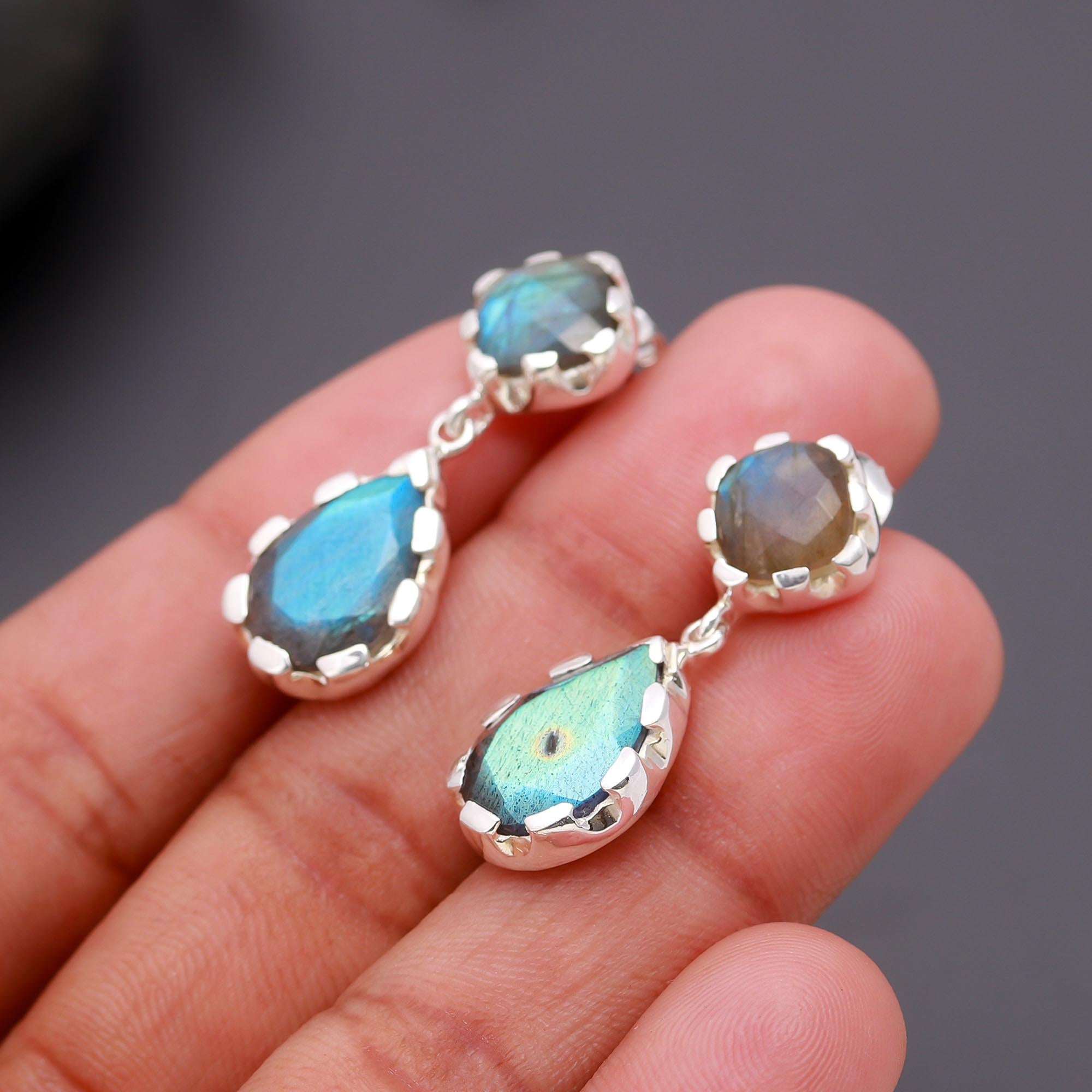 925 Silver Double Labradorite Drop Earrings