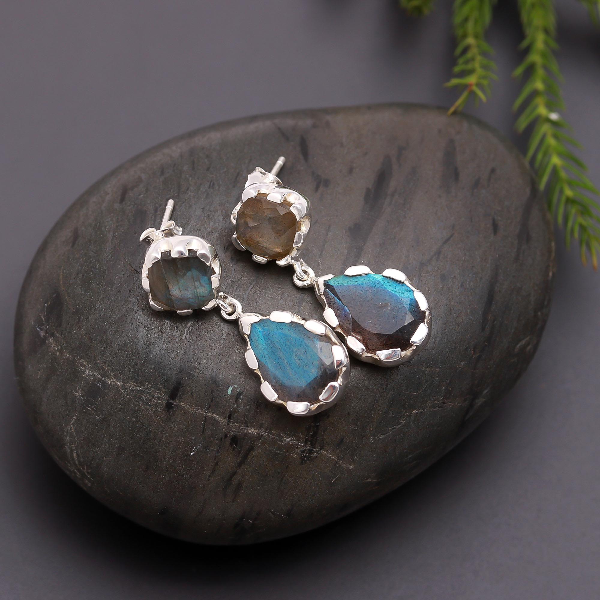 925 Silver Double Labradorite Drop Earrings