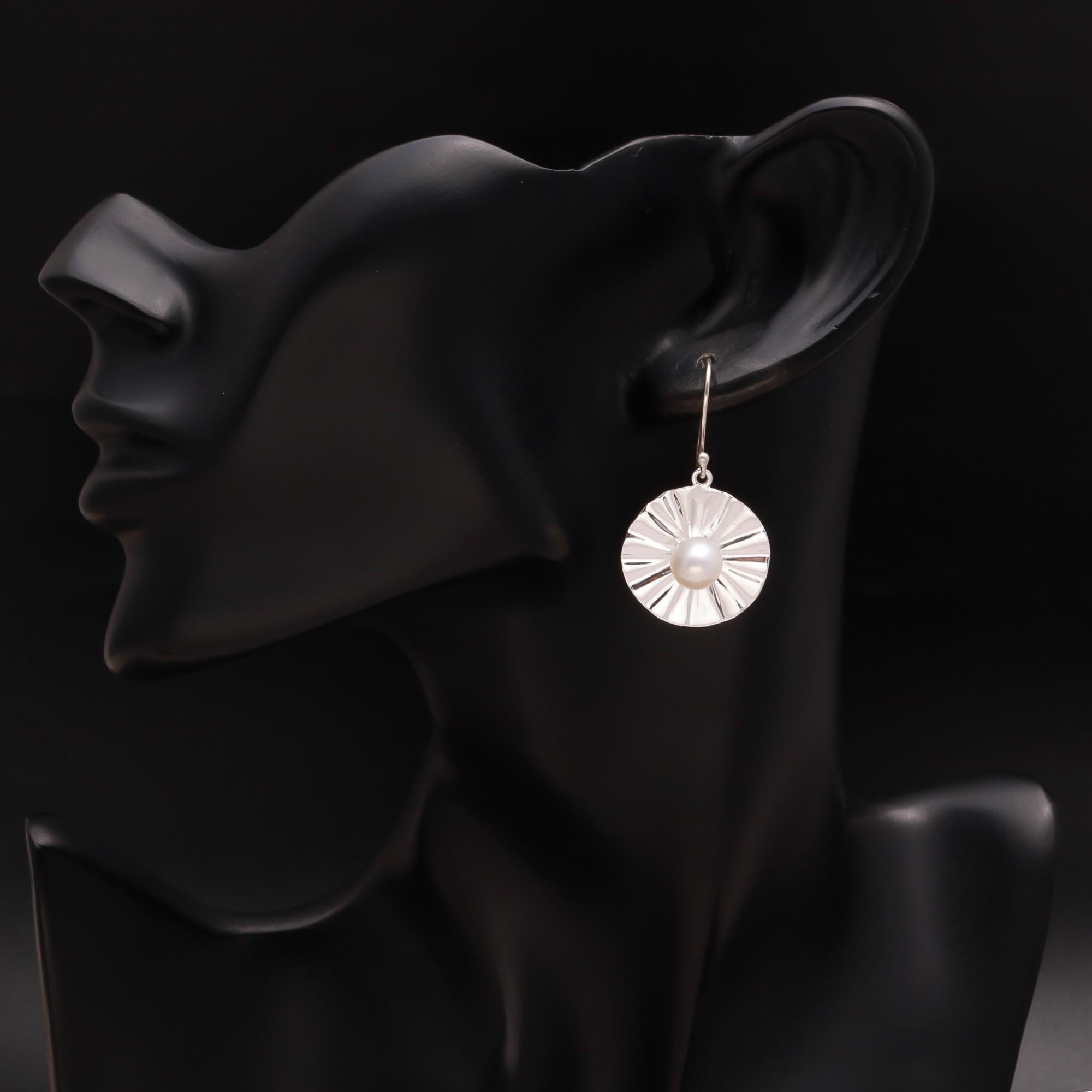 925 Silver Textured Round Pearl Dangle Earrings