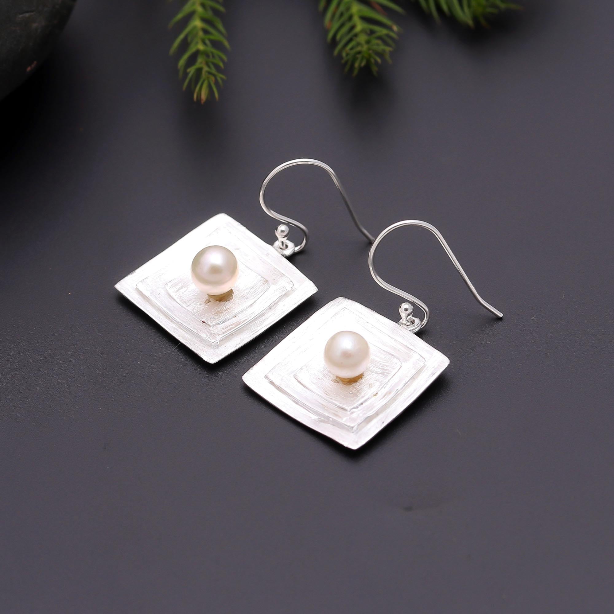 925 Silver Textured Square Pearl Dangle Earrings
