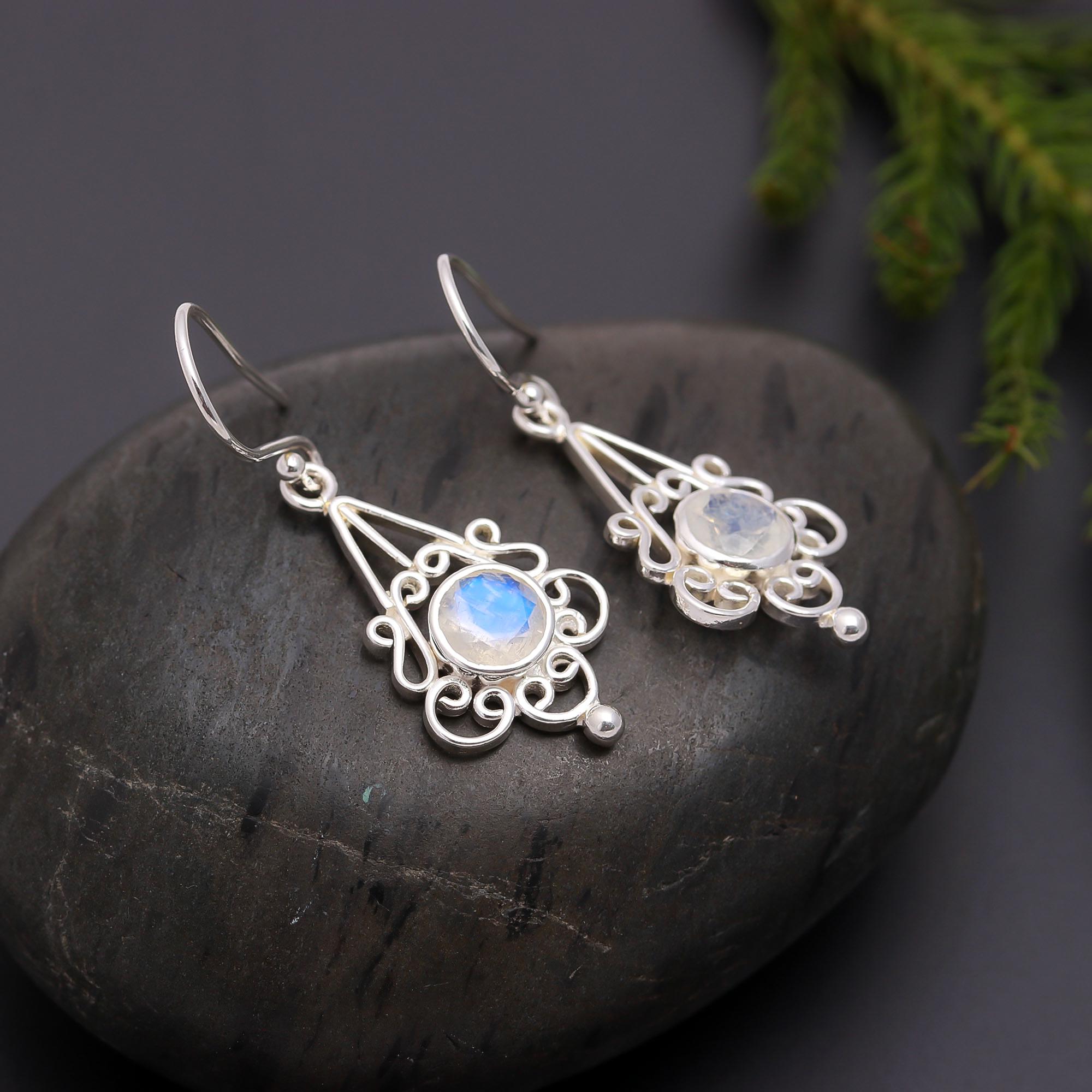 925 Silver Filigree Moonstone Dangle Earrings