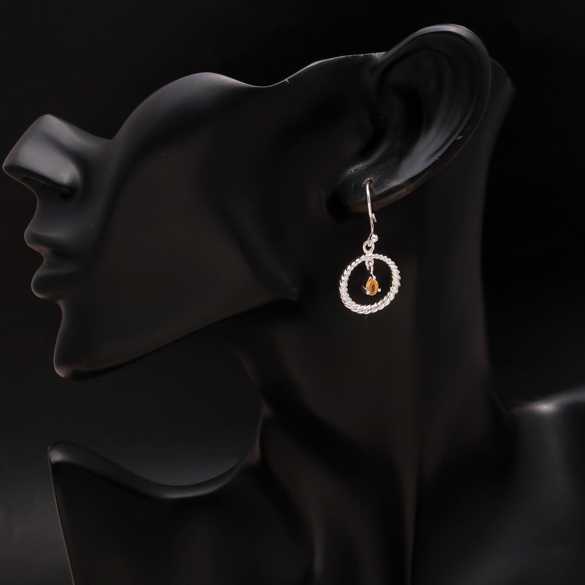 925 Silver Twisted Hoop Citrine Dangle Earrings