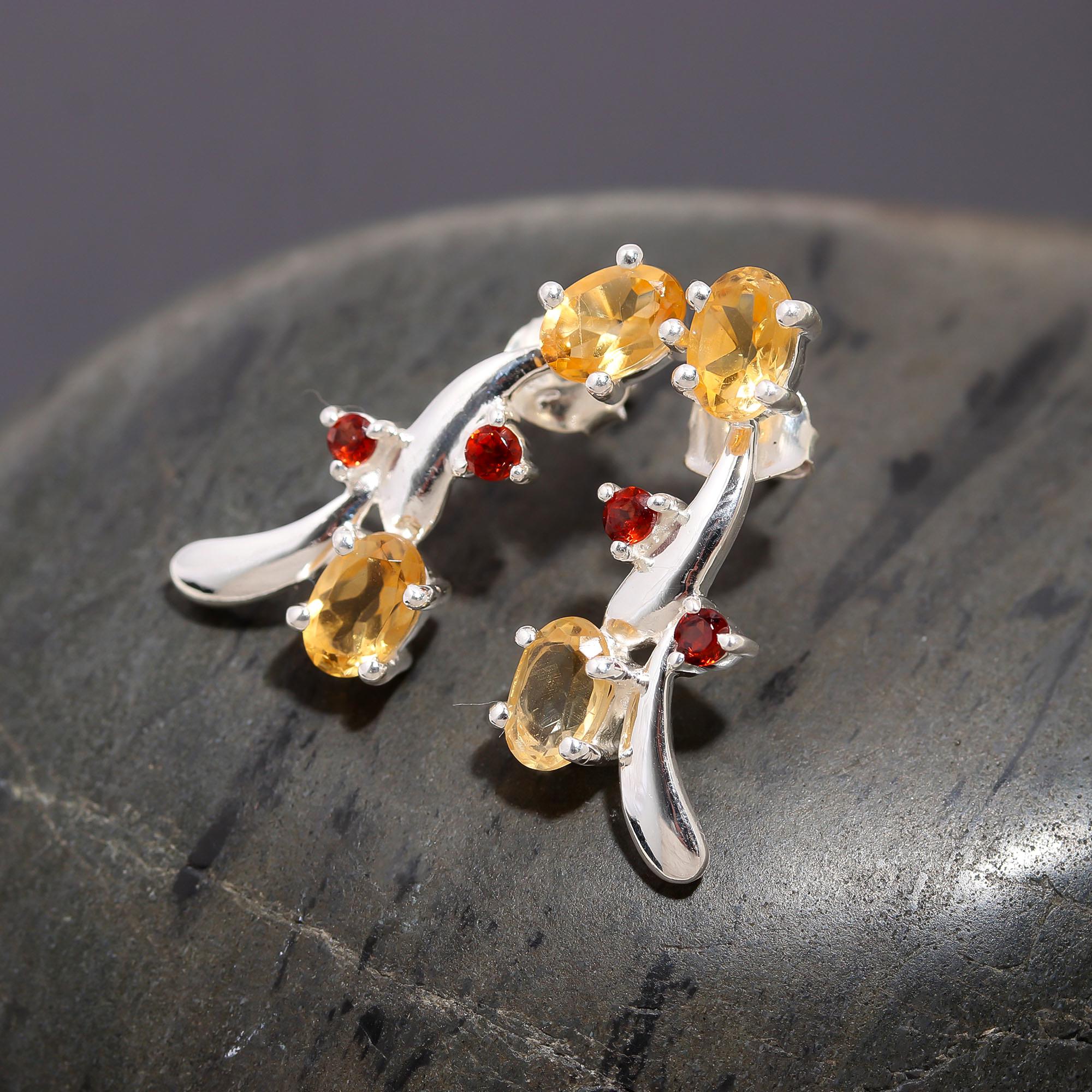 925 Silver Citrine and Garnet Cluster Stud Earrings