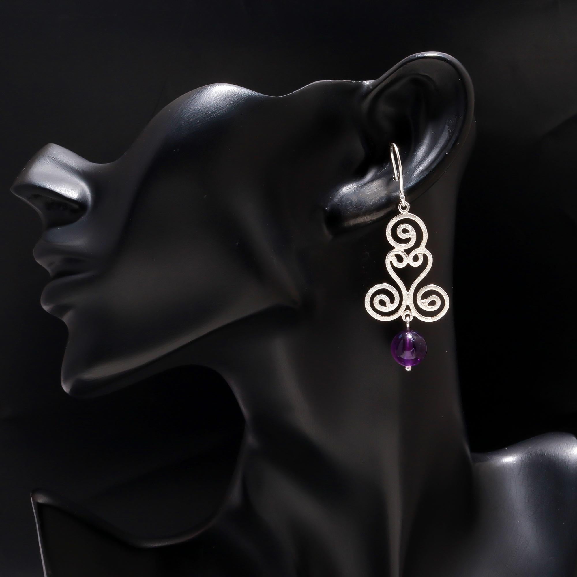 925 Silver Swirl Amethyst Bead Dangle Earrings