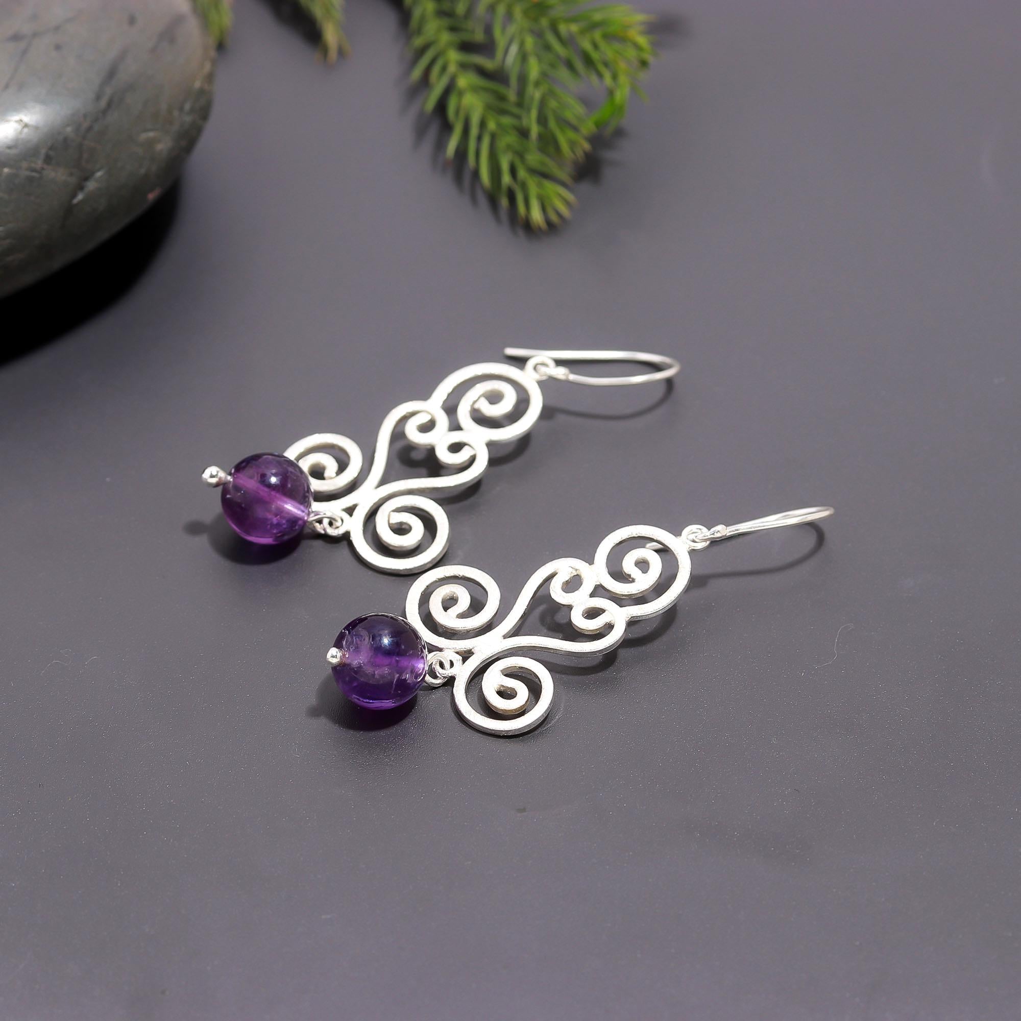 925 Silver Swirl Amethyst Bead Dangle Earrings