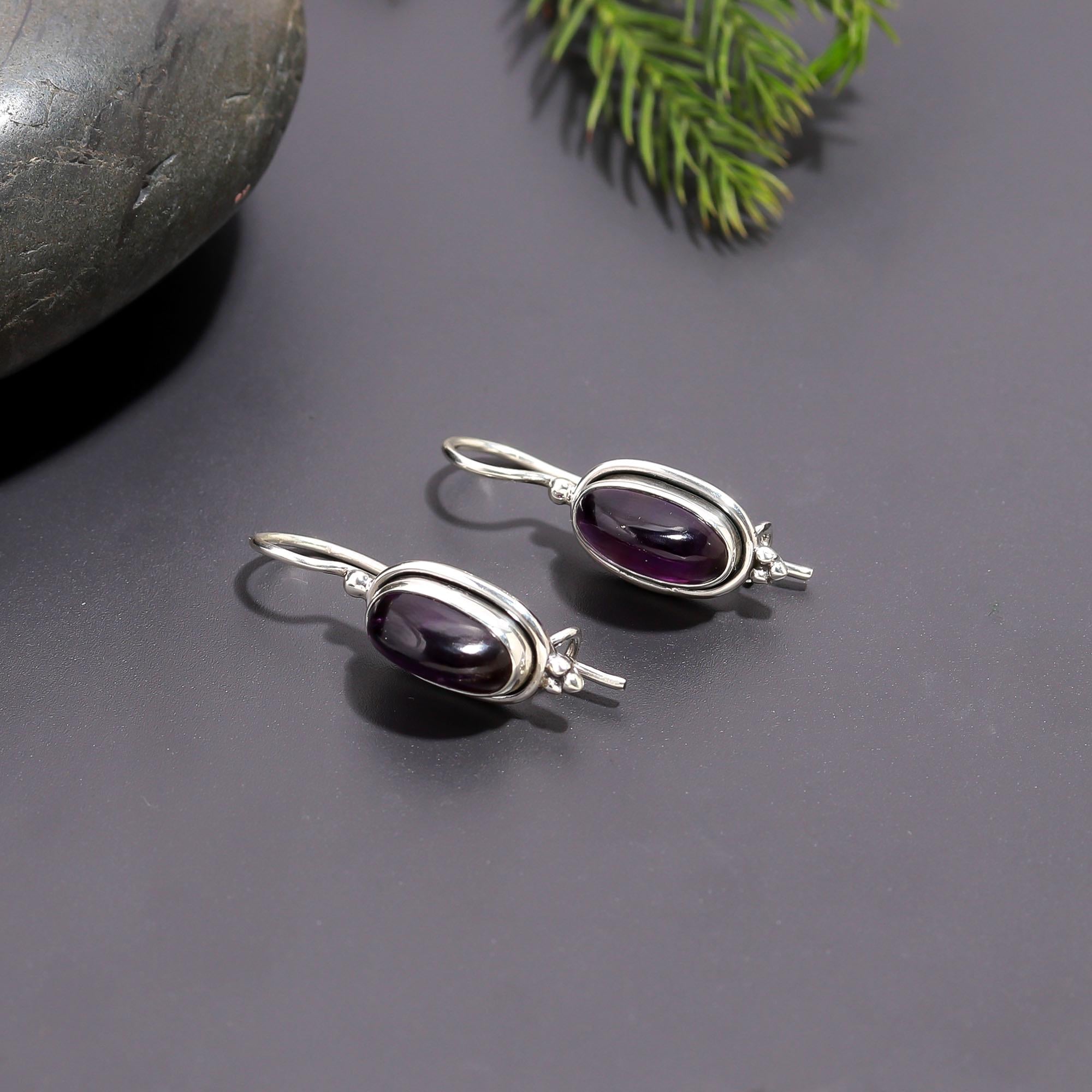 925 Silver Oval Garnet Dangle Earrings