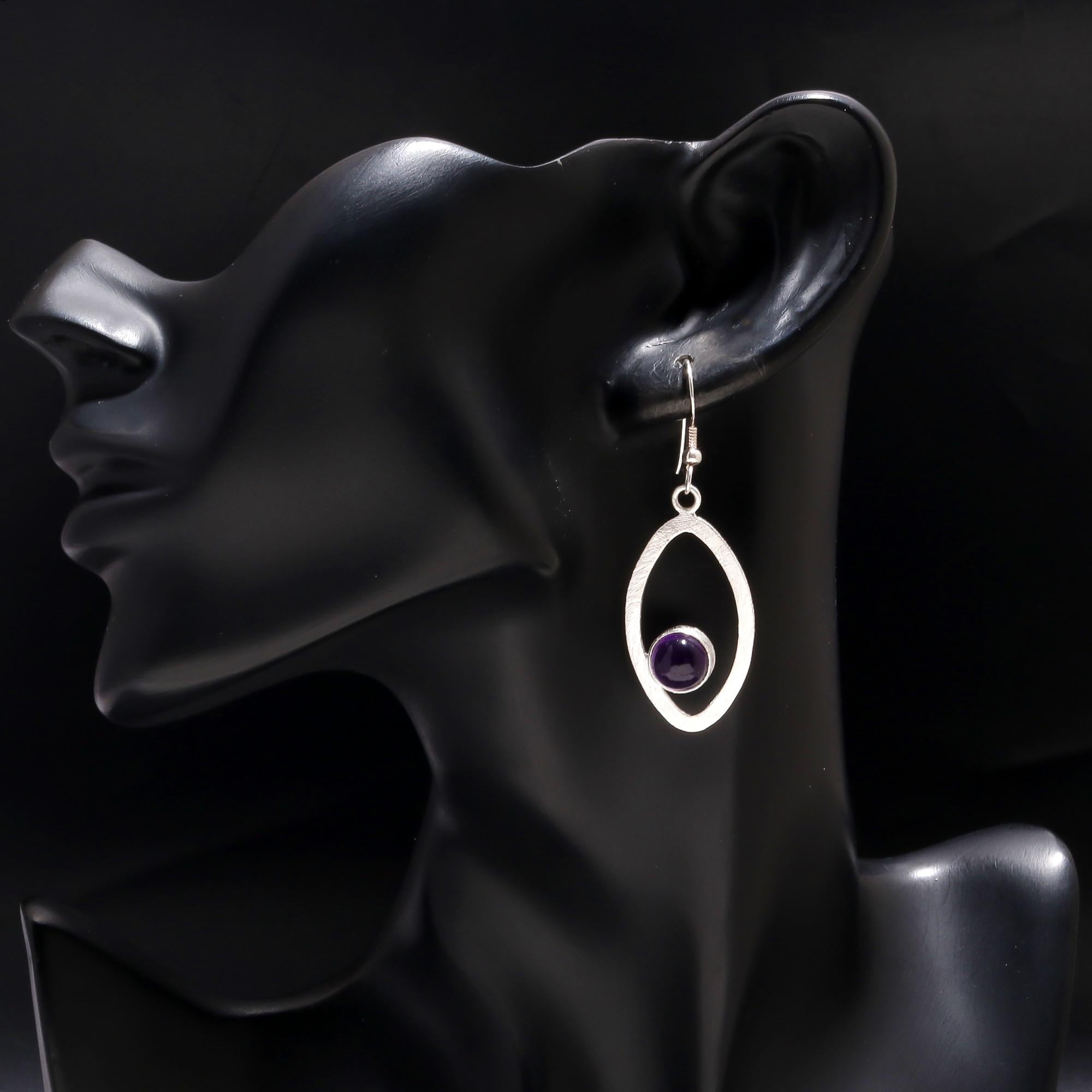 925 Silver Oval Frame Amethyst Dangle Earrings