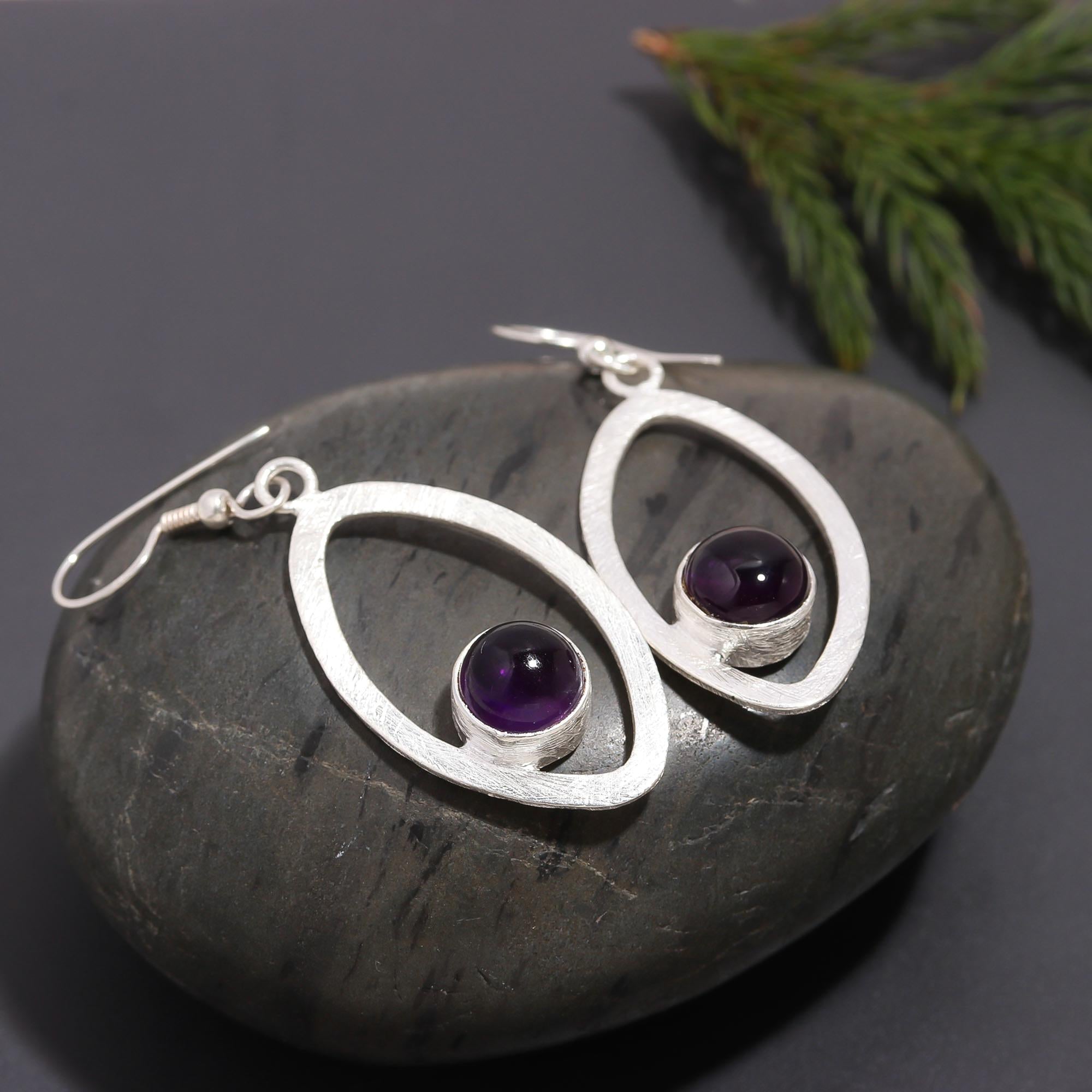 925 Silver Oval Frame Amethyst Dangle Earrings