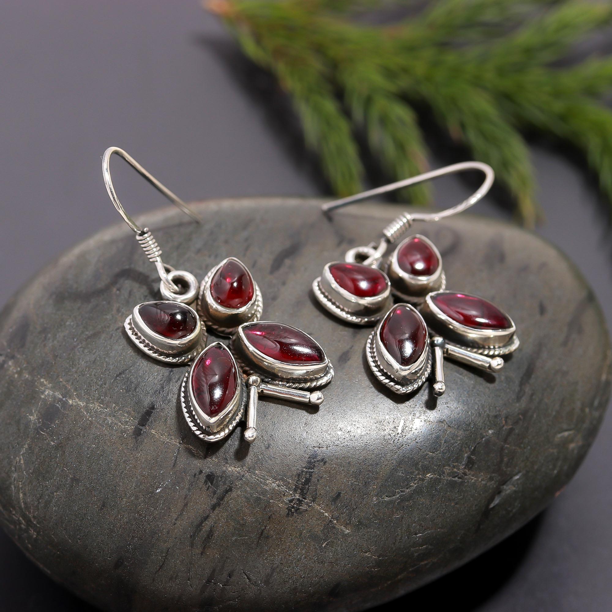 925 Silver Garnet Butterfly Dangle Earrings